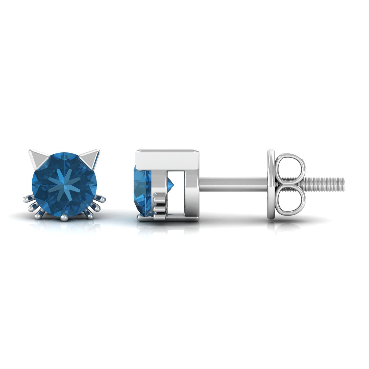 1.2 Carat Round Shape London Blue Topaz Cat Stud Earrings