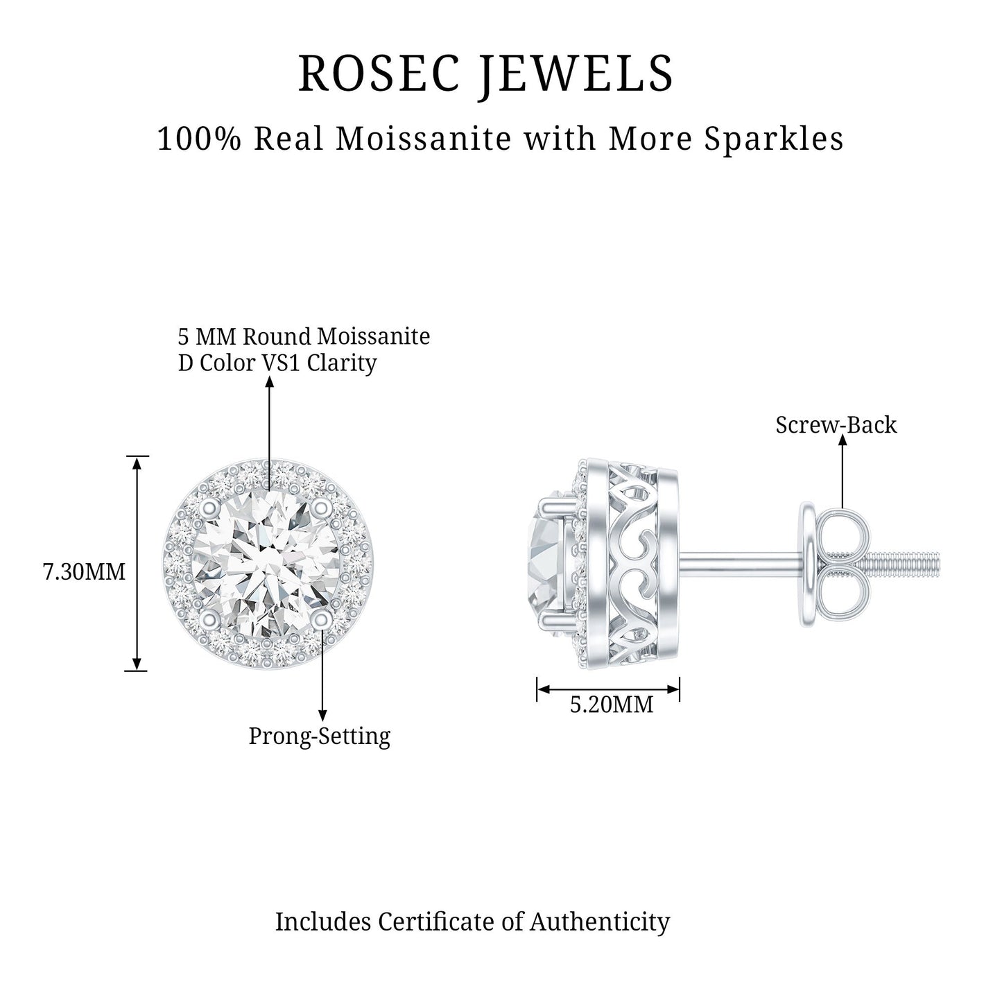 3 CT Round Moissanite Halo Stud Earrings With Certification