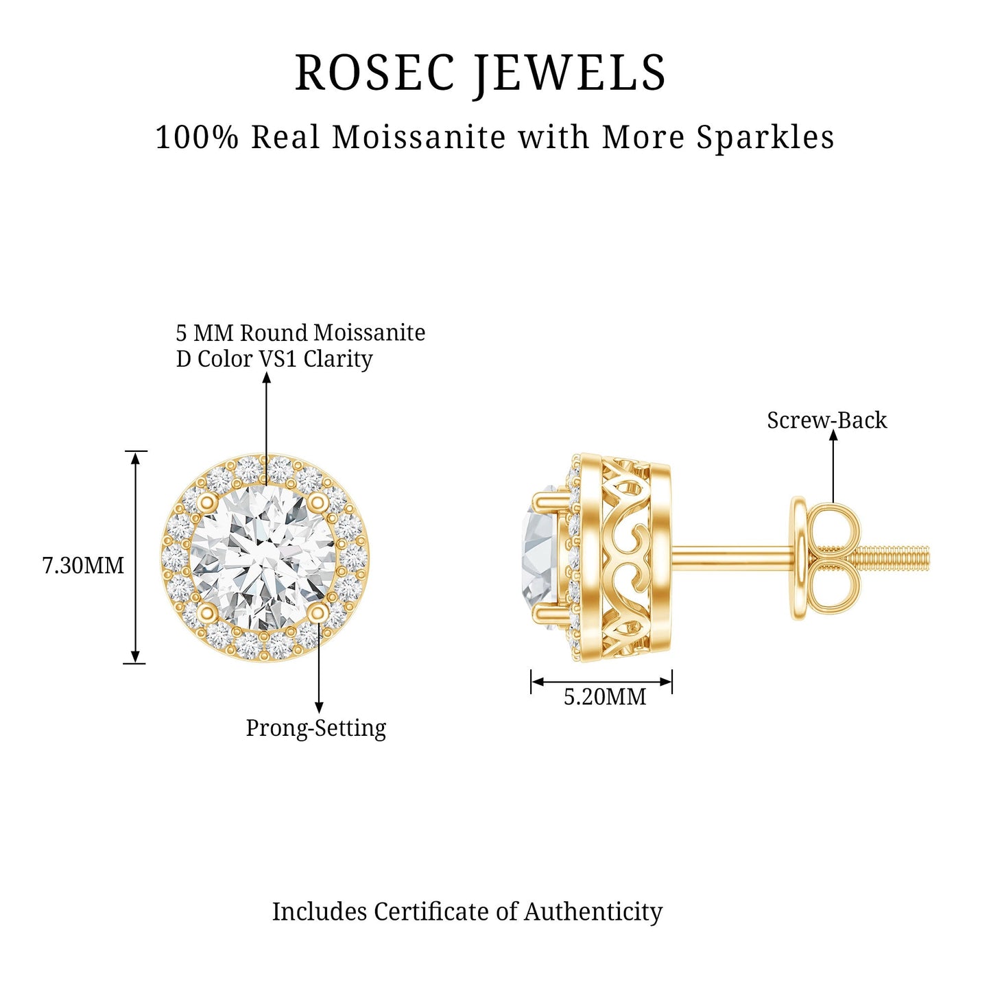 3 CT Round Moissanite Halo Stud Earrings With Certification