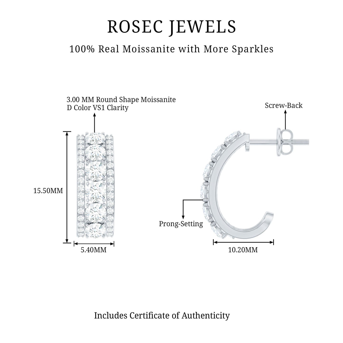 Certified Moissanite J Hoop Earrings for Women