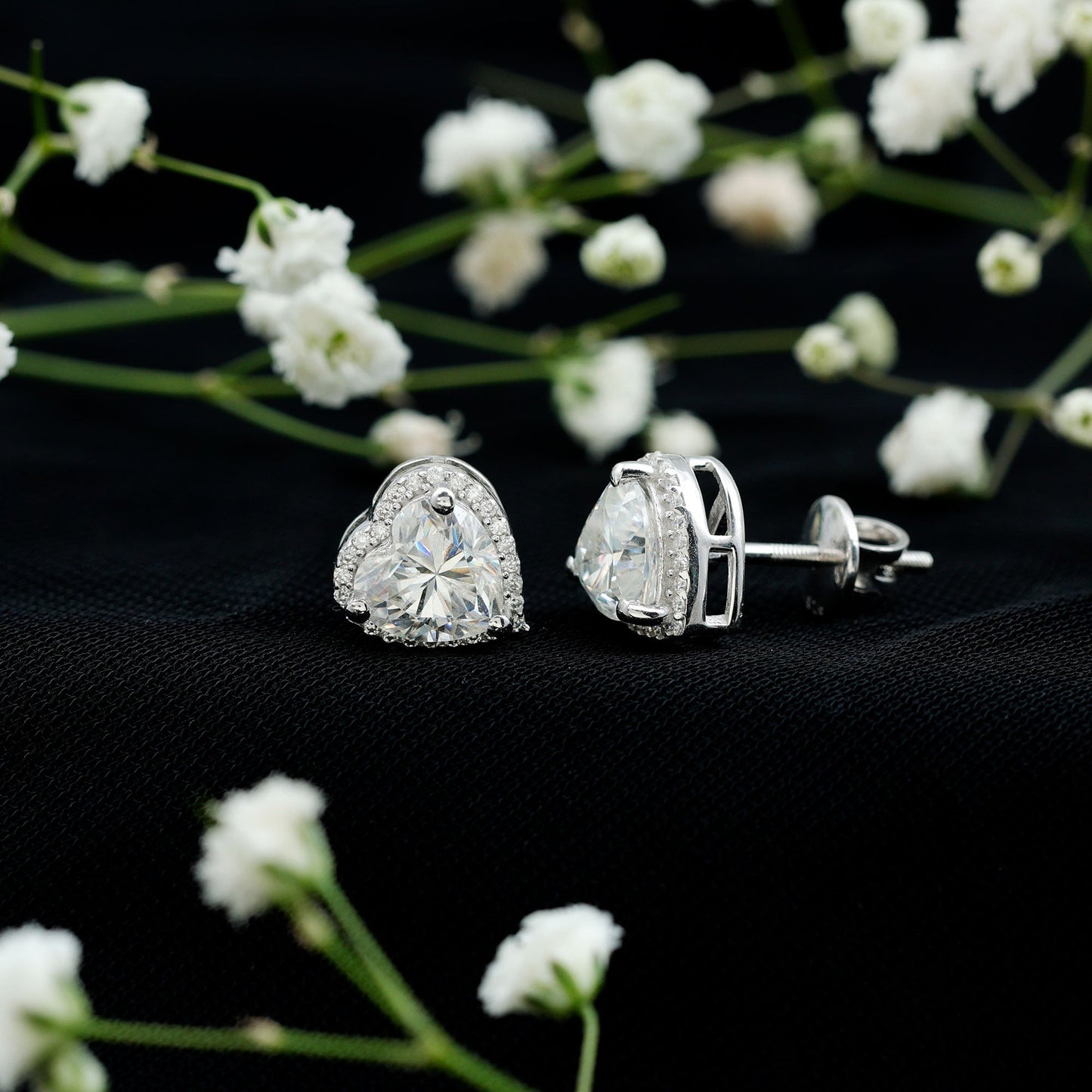Certified Moissanite Heart Stud Earrings with Halo