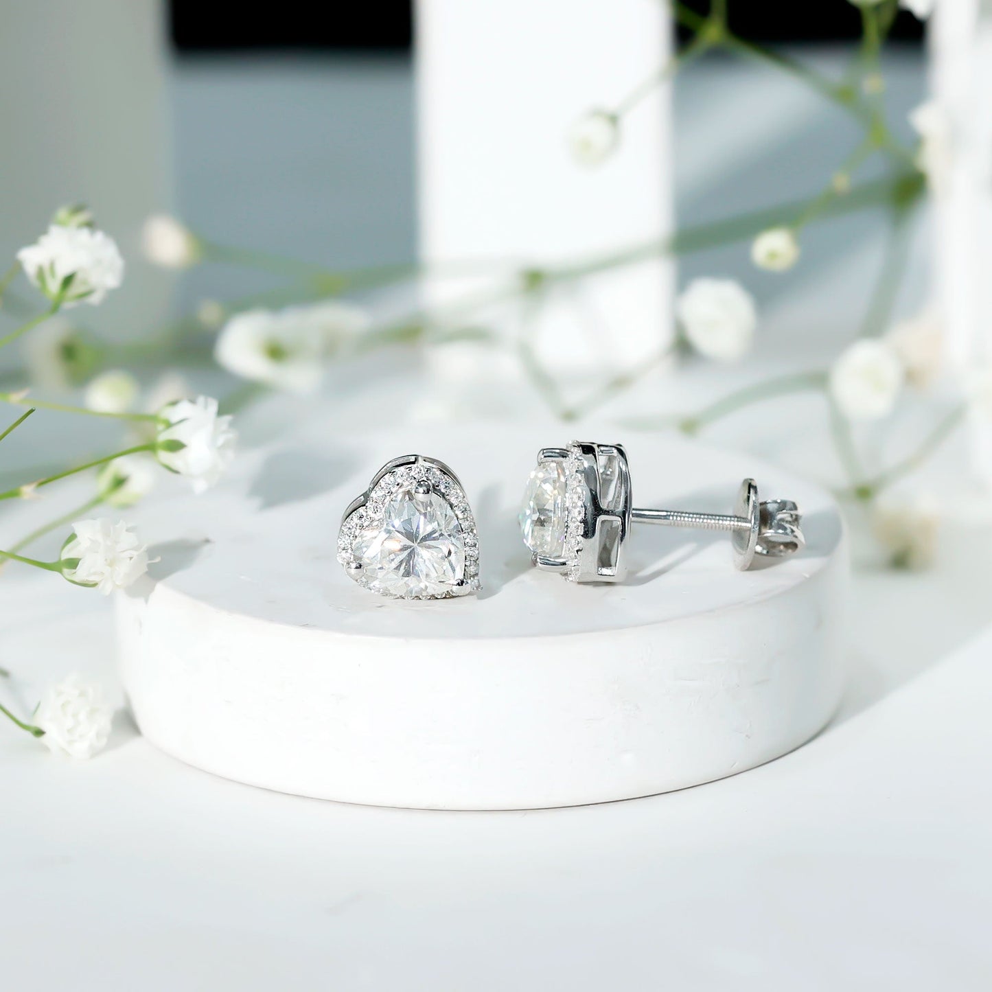 Certified Moissanite Heart Stud Earrings with Halo