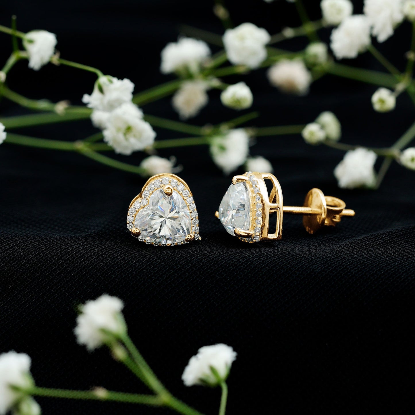Certified Moissanite Heart Stud Earrings with Halo