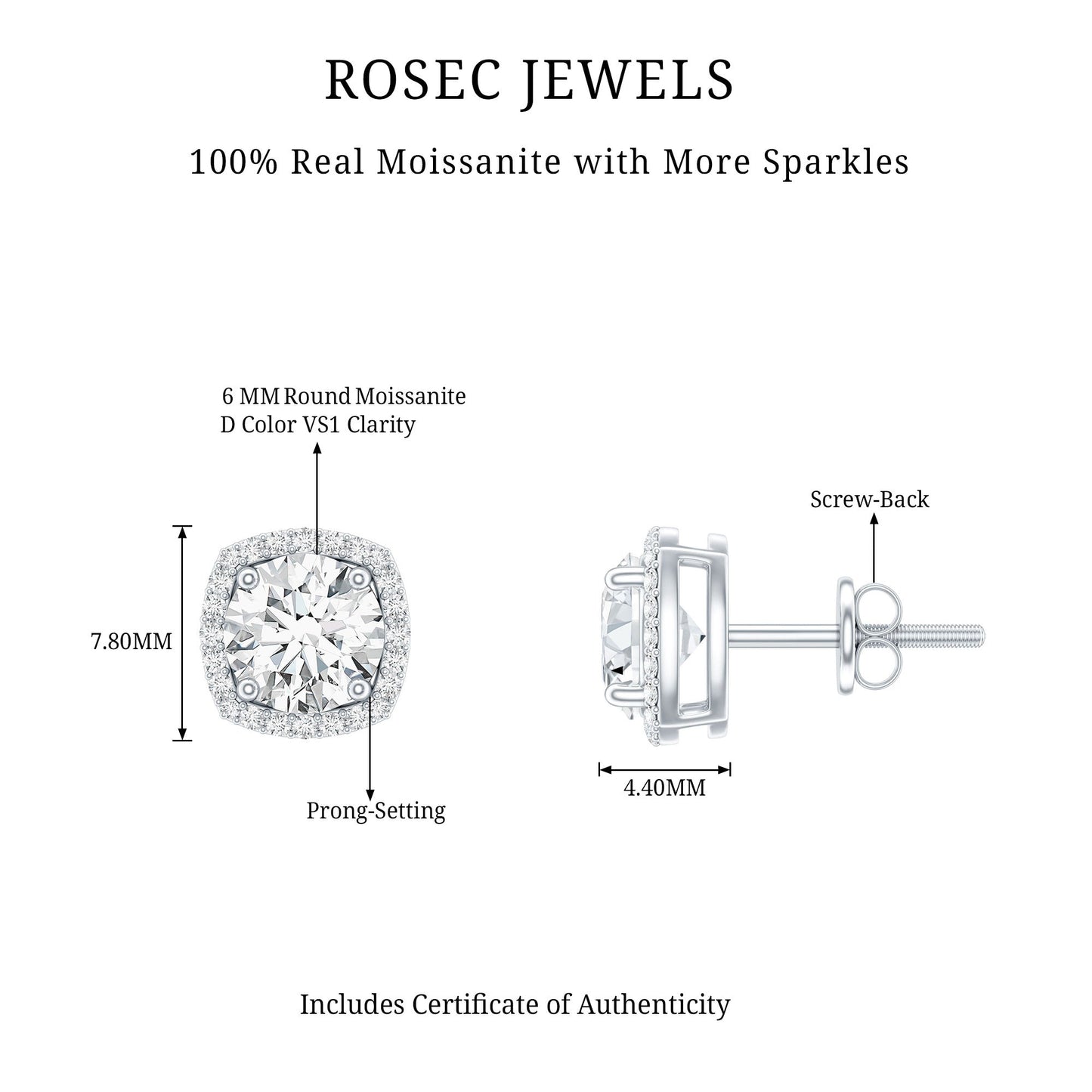 1.9 Carat Round Shape Moissanite Stud Earrings with Halo