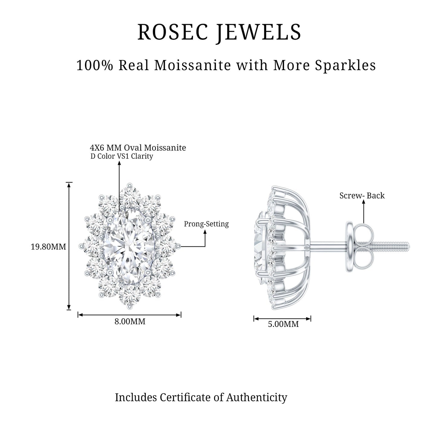 Certified Moissanite Oval Stud Earrings with Halo