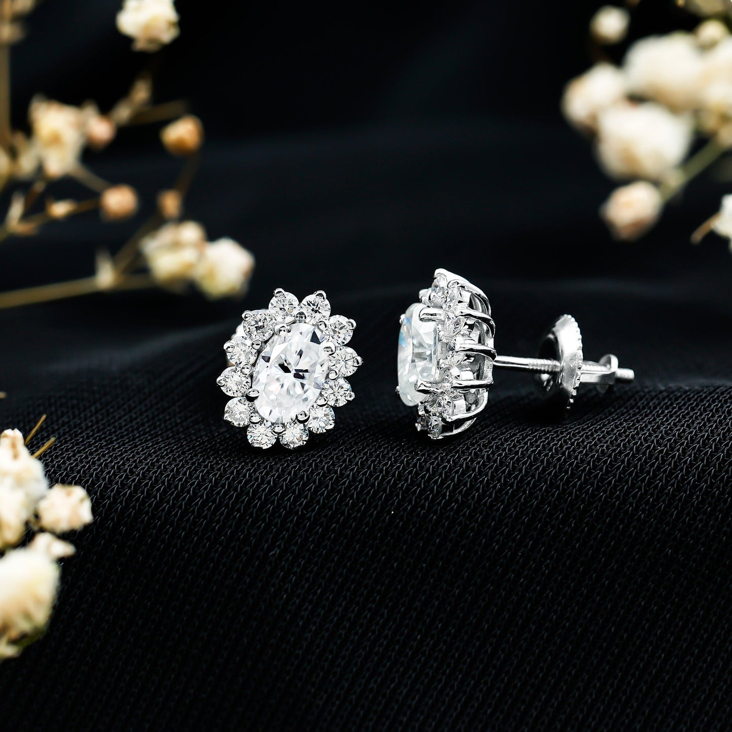 Certified Moissanite Oval Stud Earrings with Halo