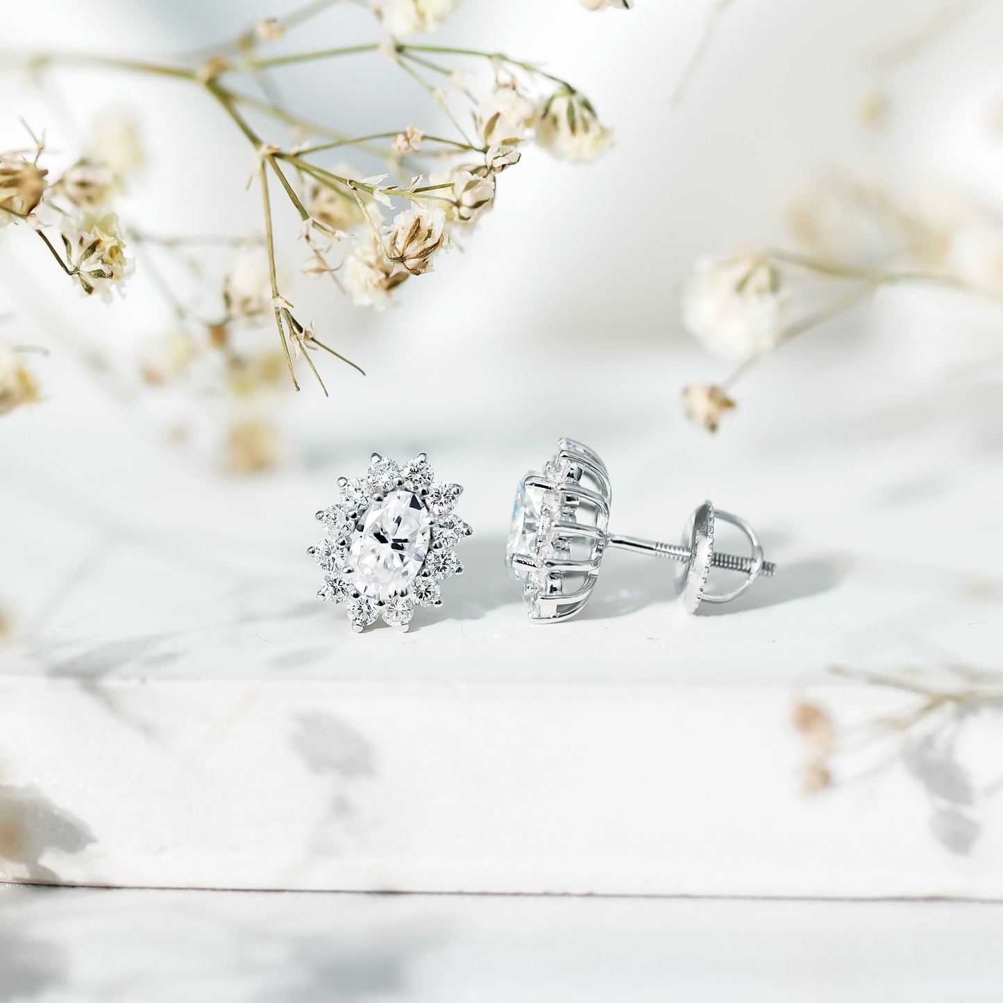 Certified Moissanite Oval Stud Earrings with Halo