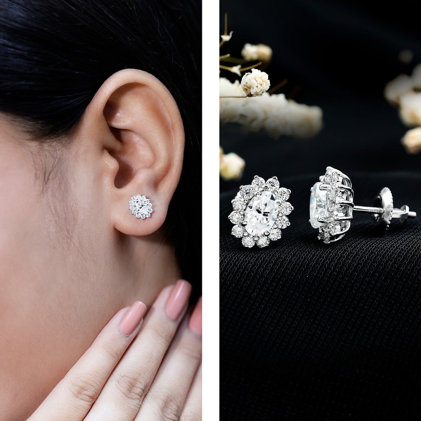 Certified Moissanite Oval Stud Earrings with Halo