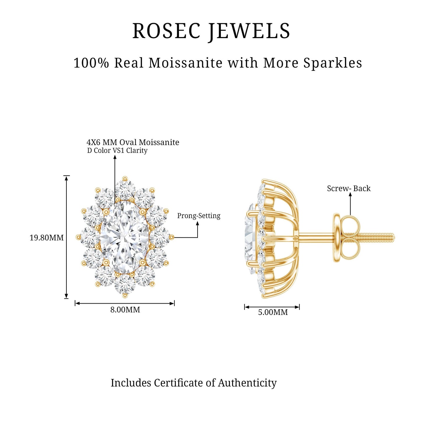 Certified Moissanite Oval Stud Earrings with Halo