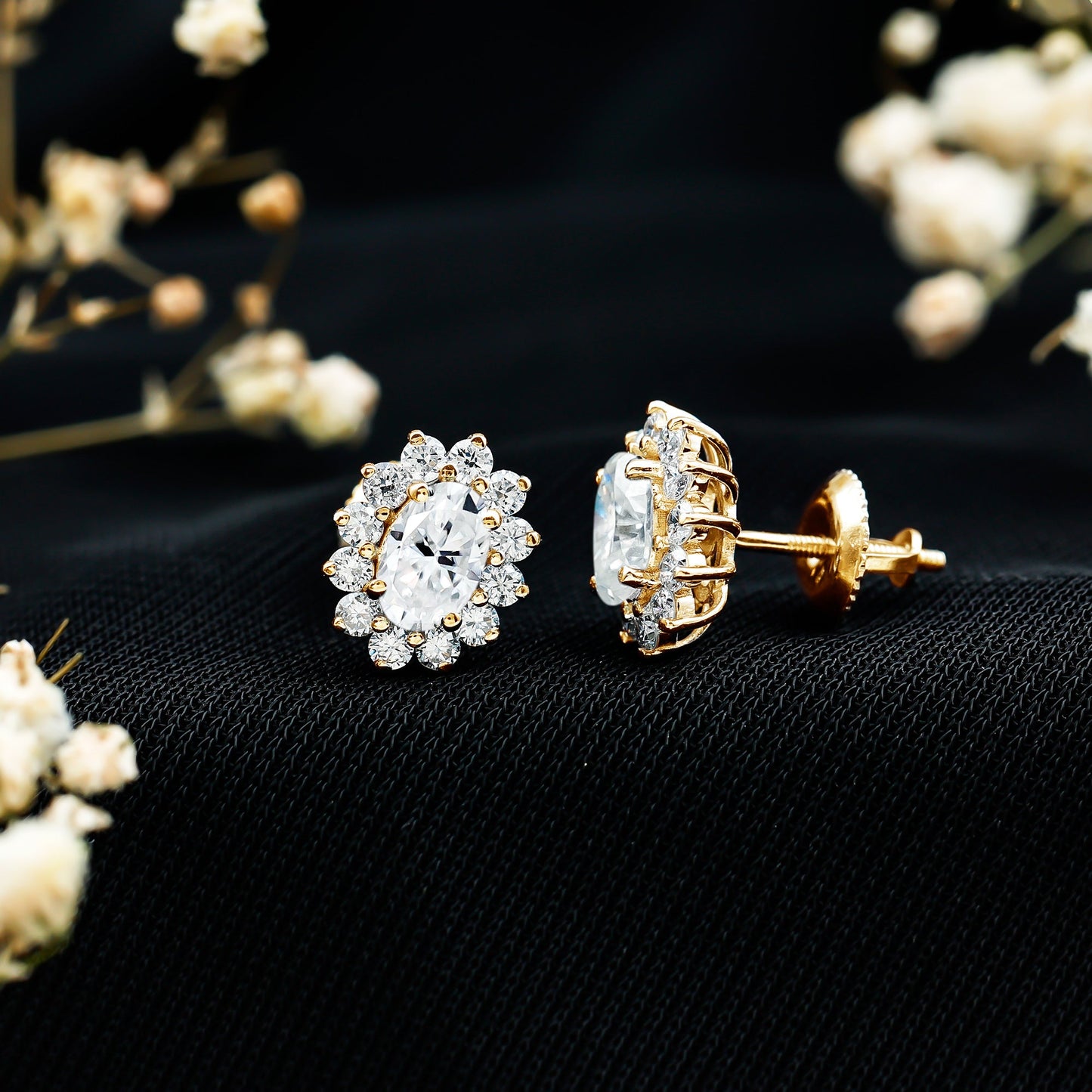 Certified Moissanite Oval Stud Earrings with Halo