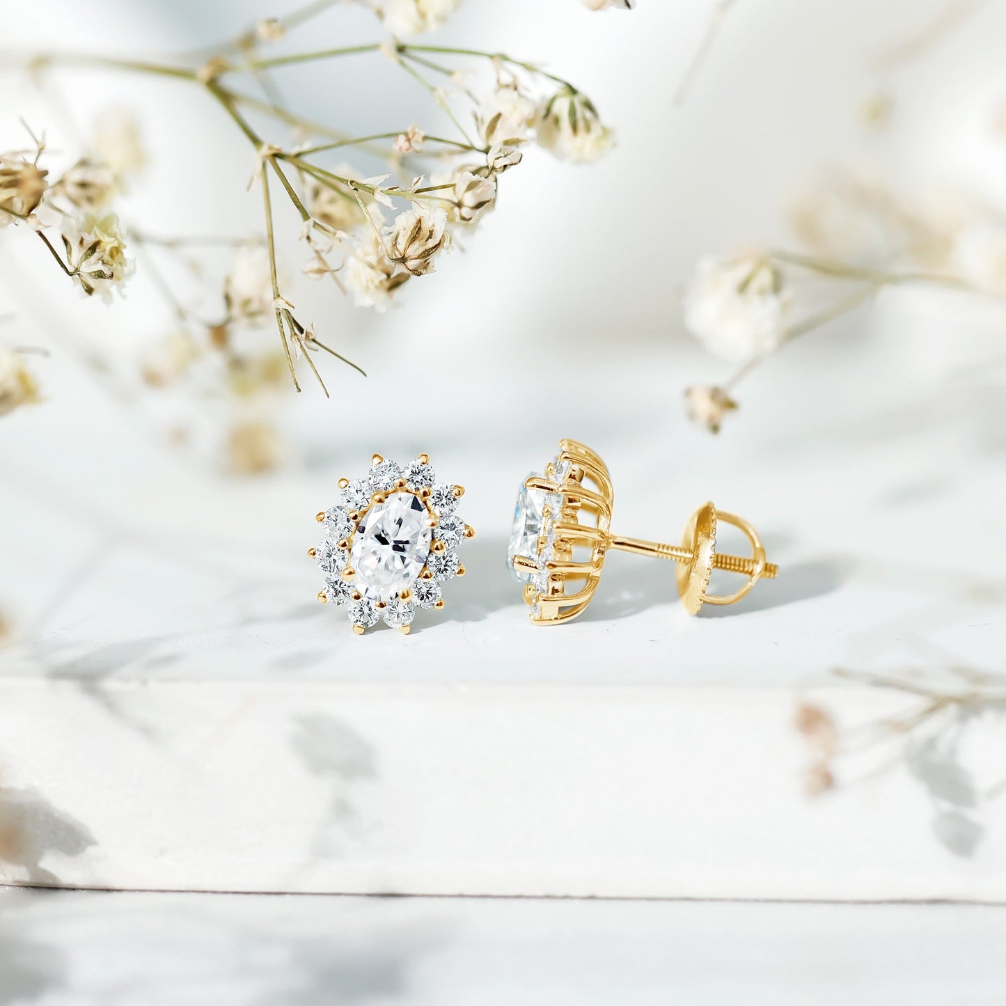 Certified Moissanite Oval Stud Earrings with Halo
