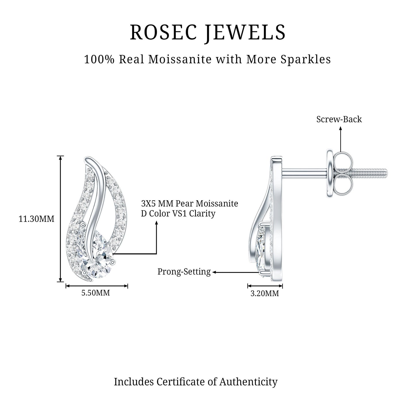 Certified Moissanite Leaf Stud Earrings with Screw Back