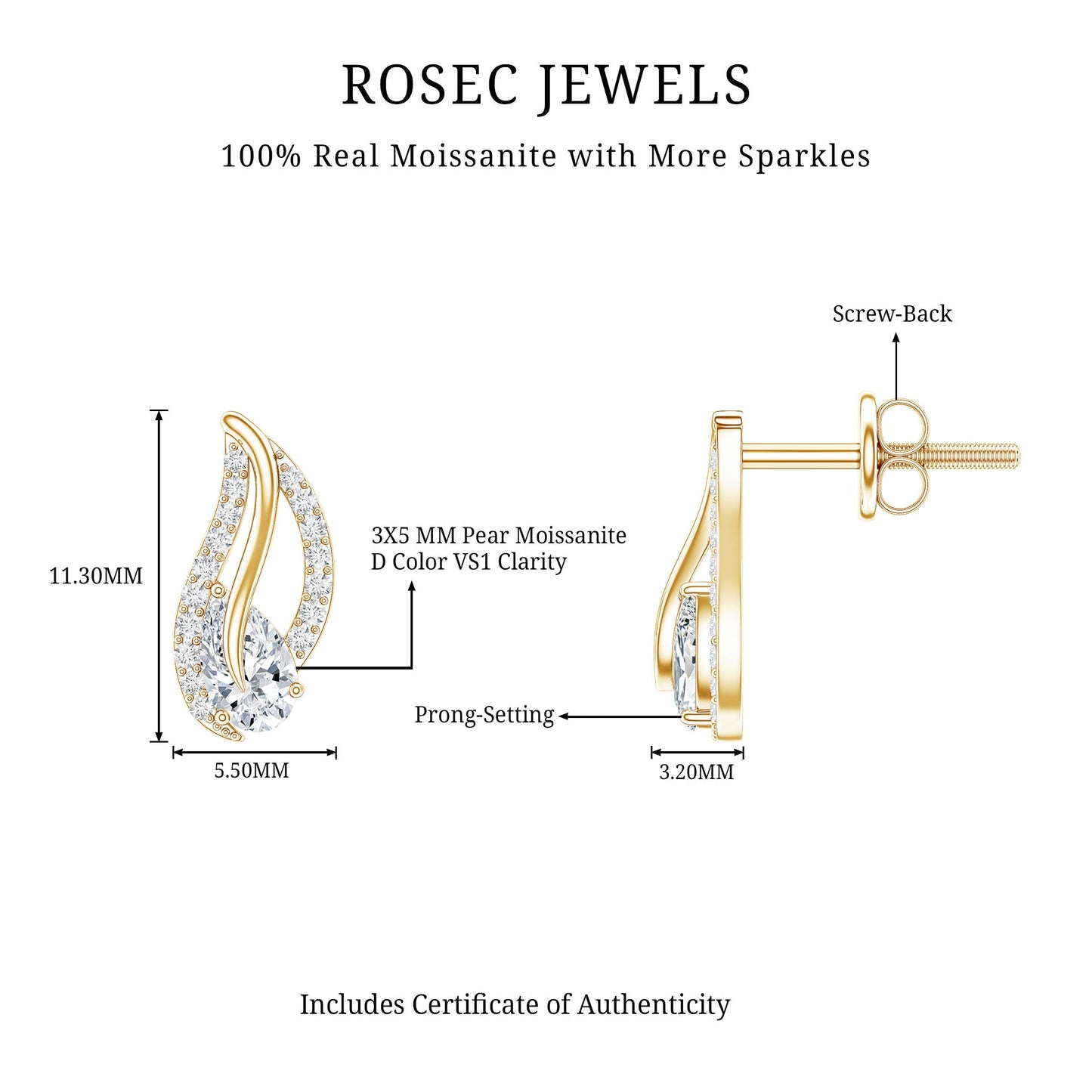 Certified Moissanite Leaf Stud Earrings with Screw Back
