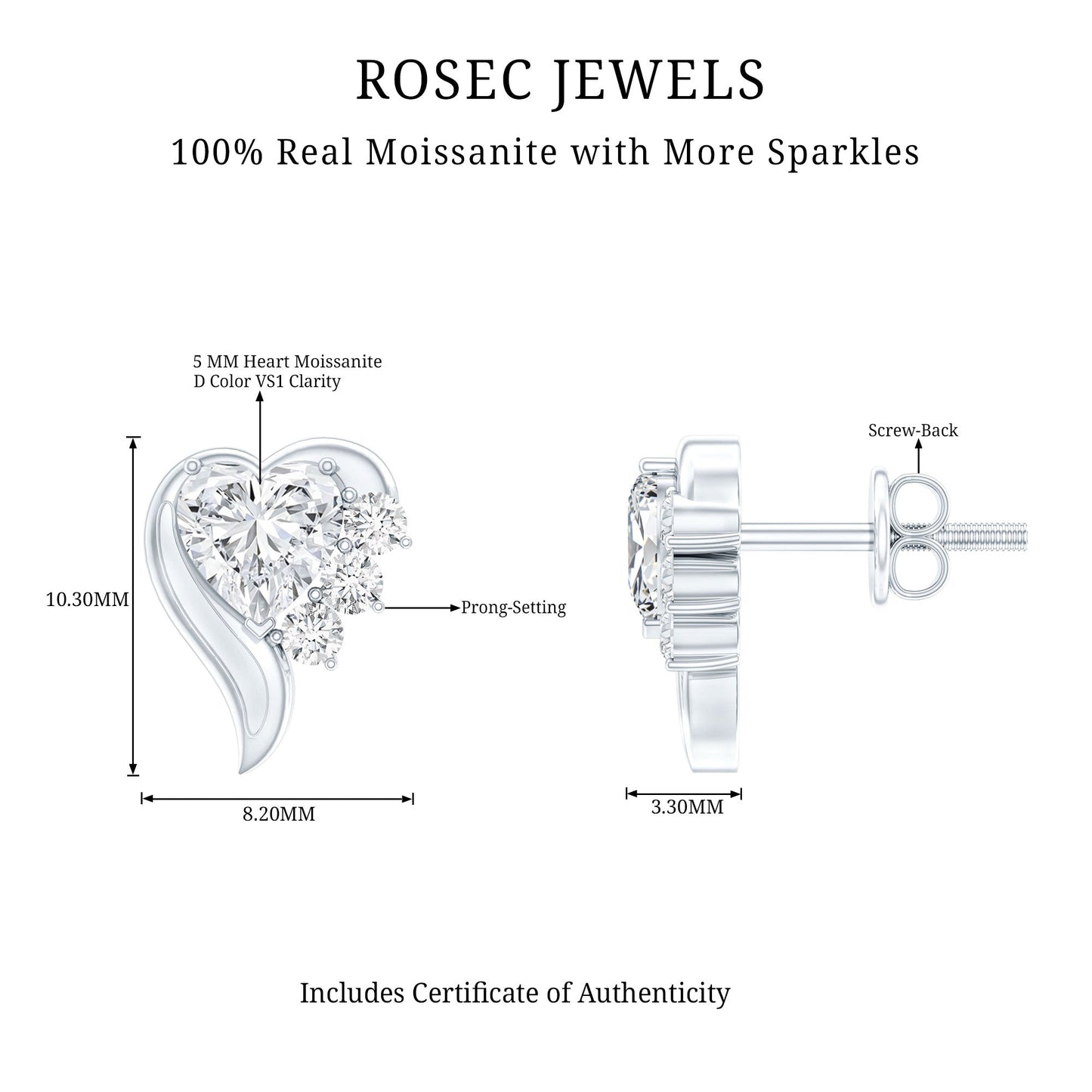 Heart Shape Moissanite Stud Earrings with Screw Back