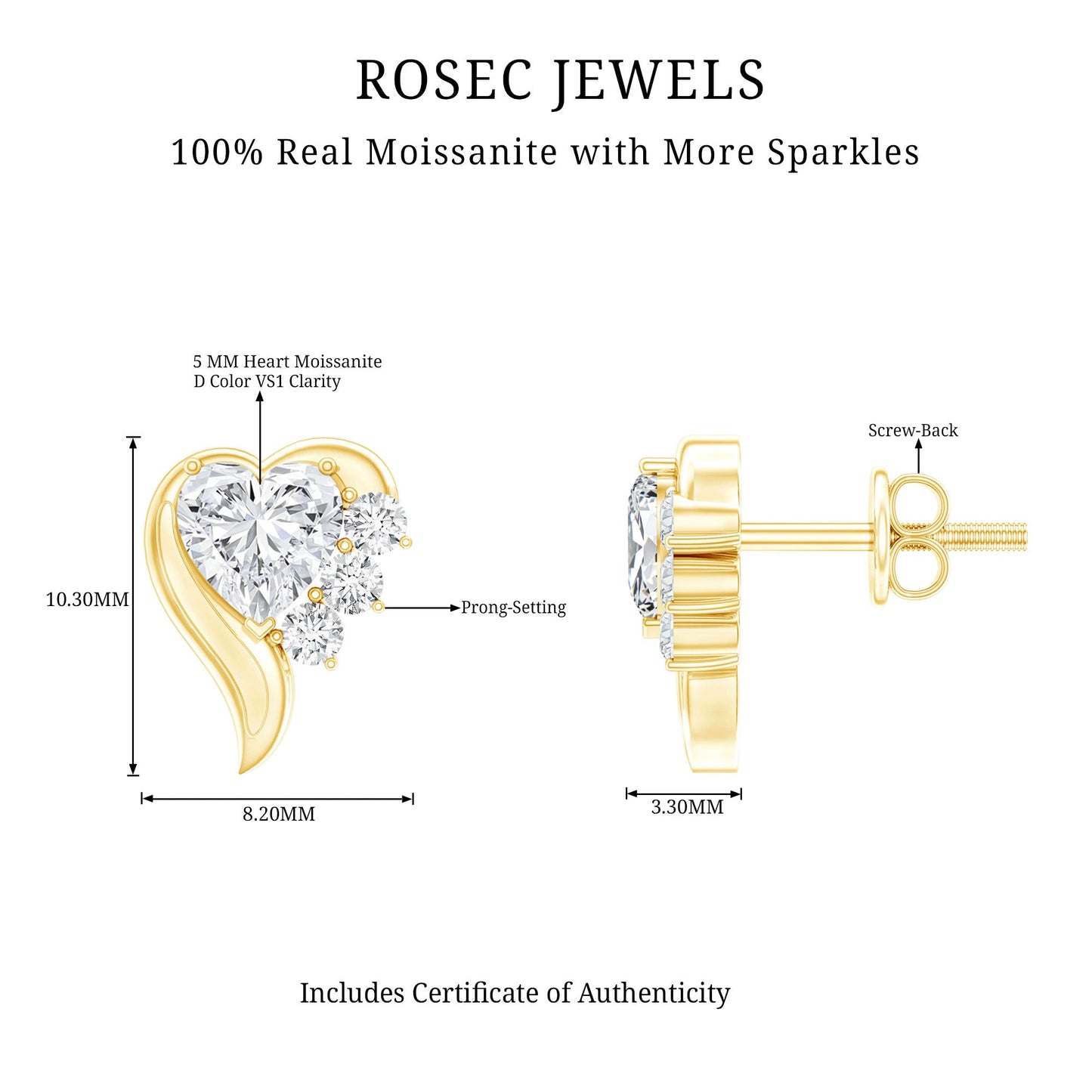 Heart Shape Moissanite Stud Earrings with Screw Back