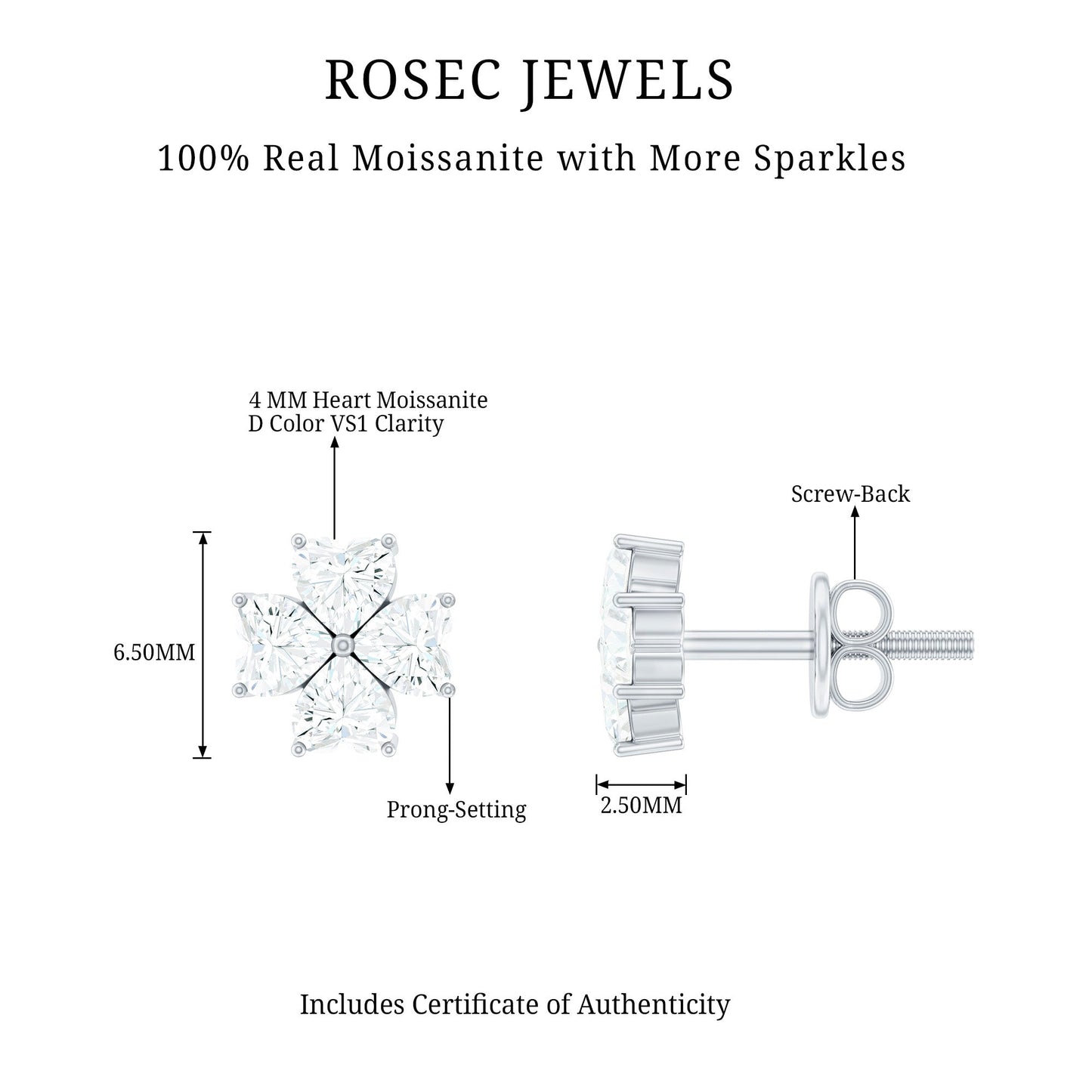 Certified Heart Shape Moissanite Flower Stud Earrings