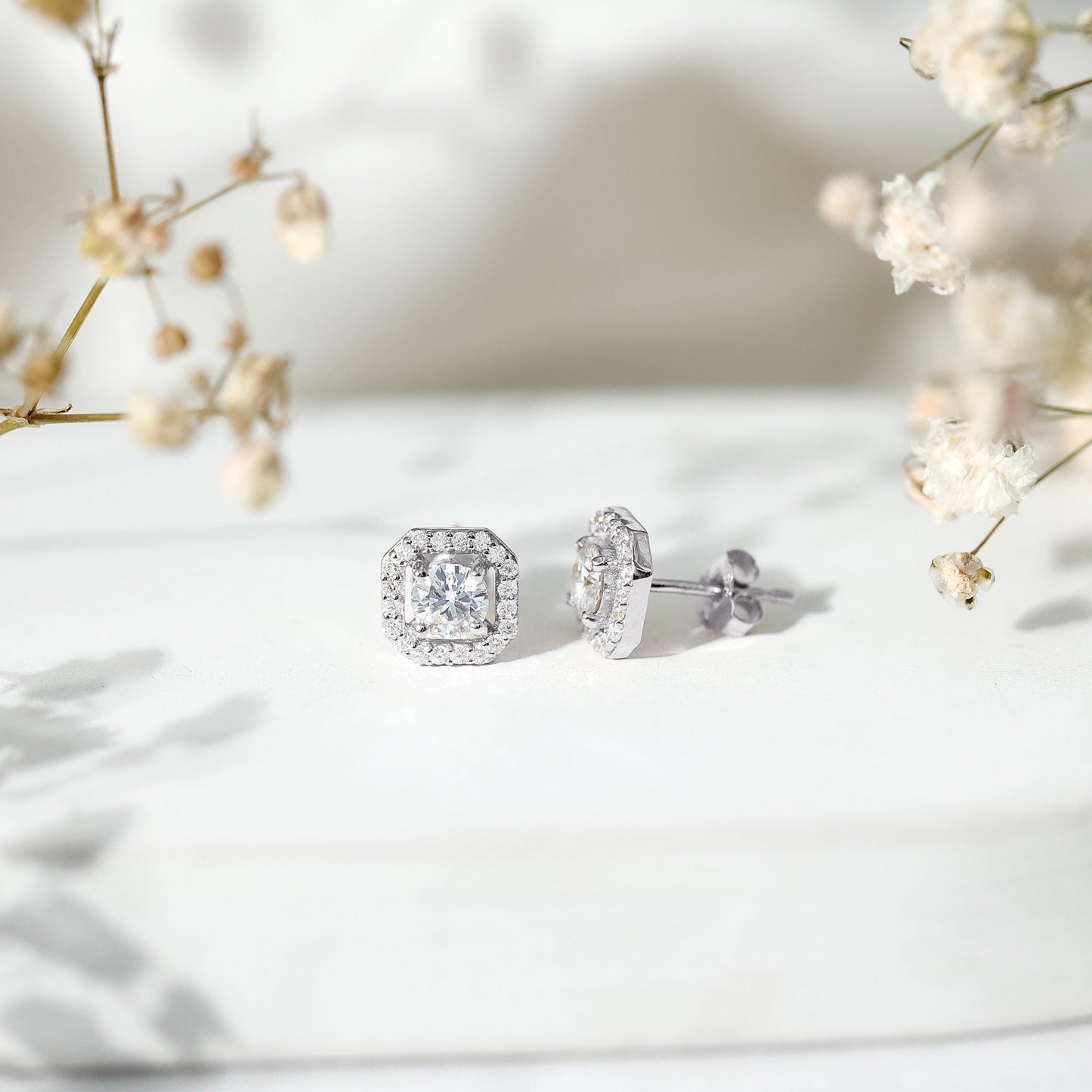 Round Cut Certified Moissanite Halo Stud Earrings with Screw Back