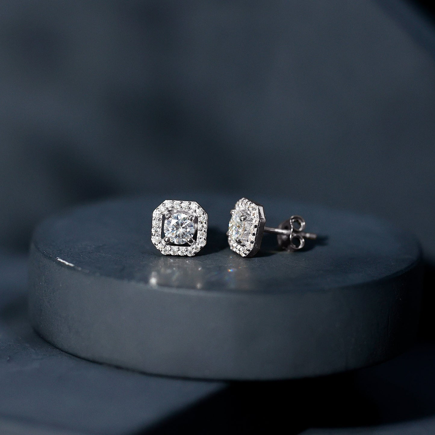 Round Cut Certified Moissanite Halo Stud Earrings with Screw Back