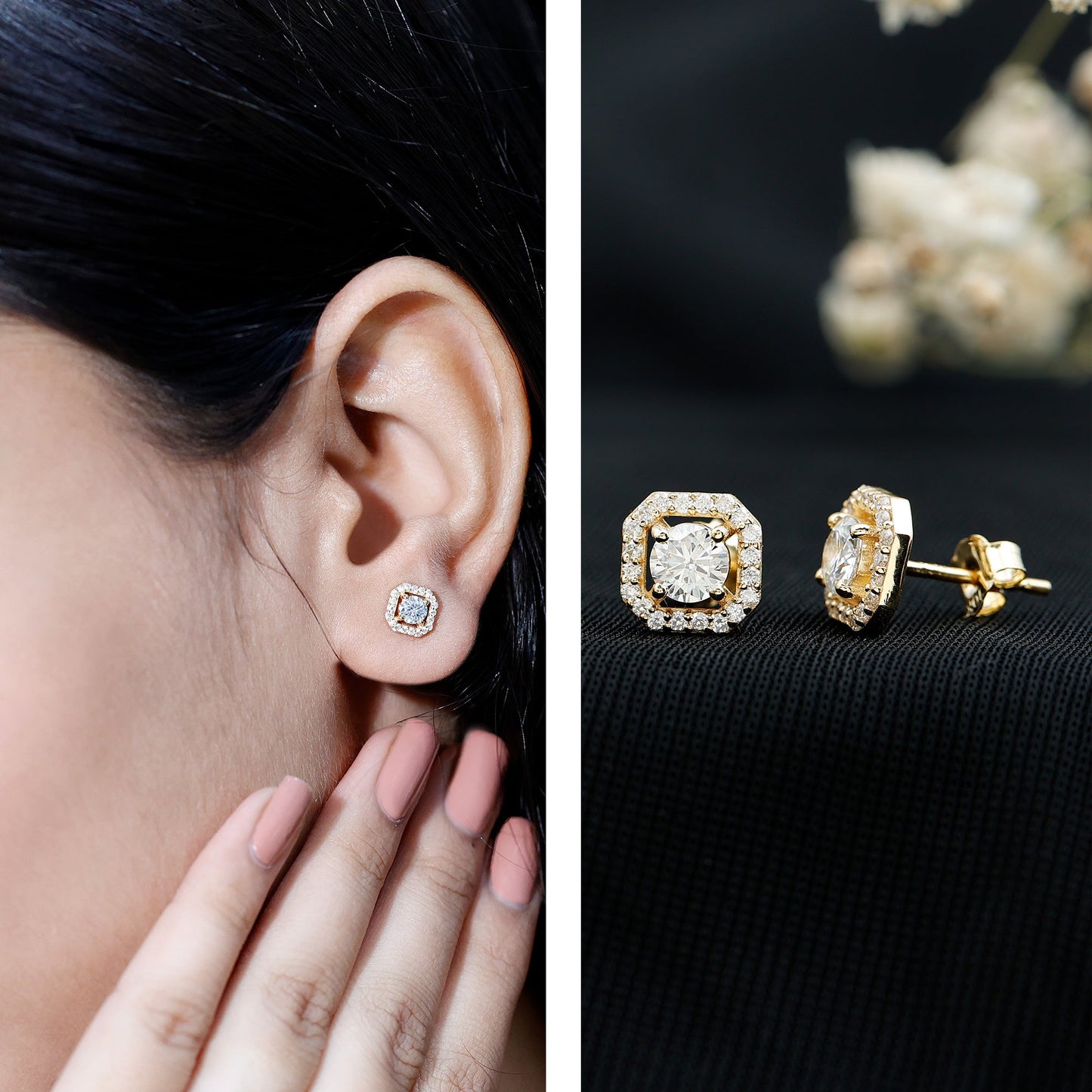 Round Cut Certified Moissanite Halo Stud Earrings with Screw Back