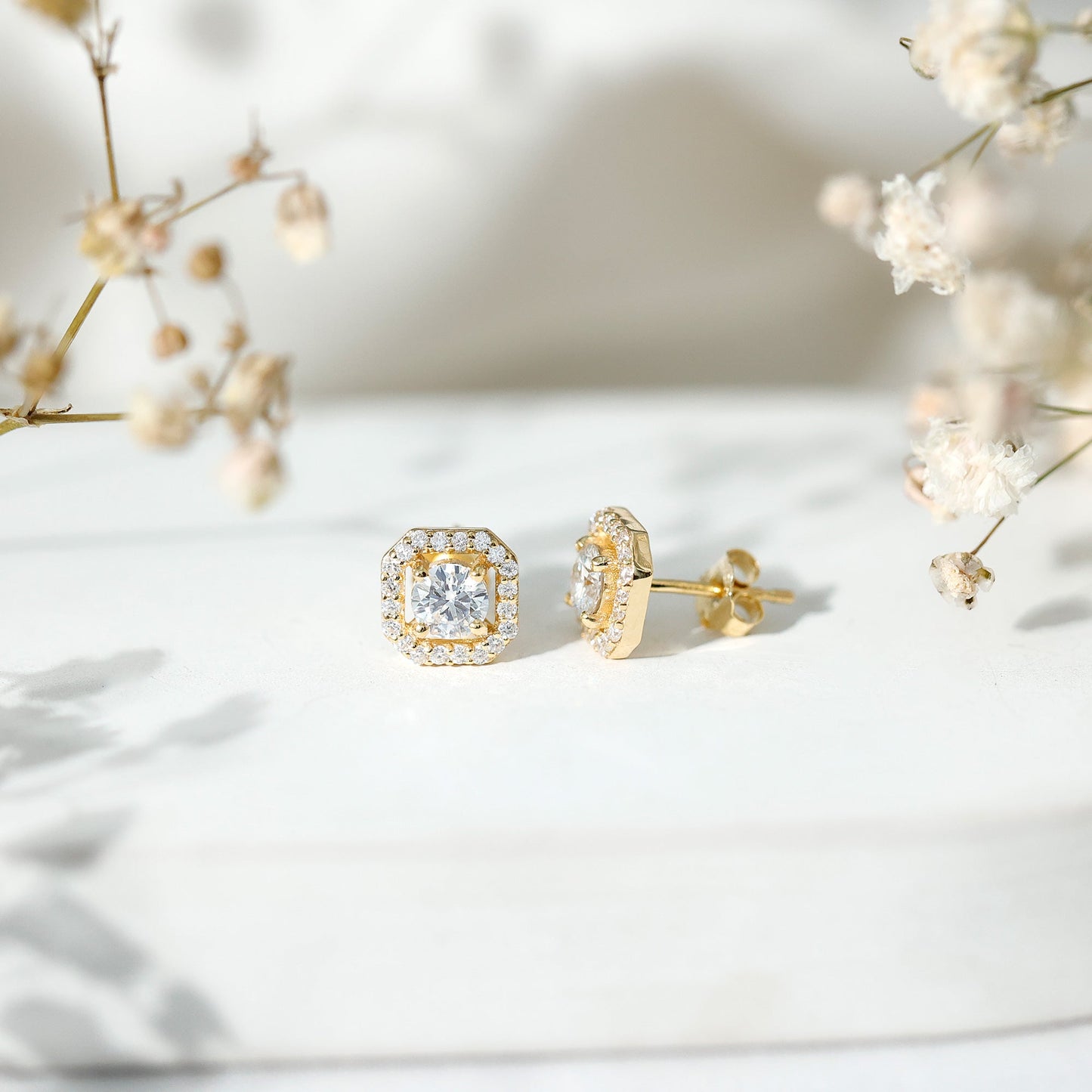 Round Cut Certified Moissanite Halo Stud Earrings with Screw Back