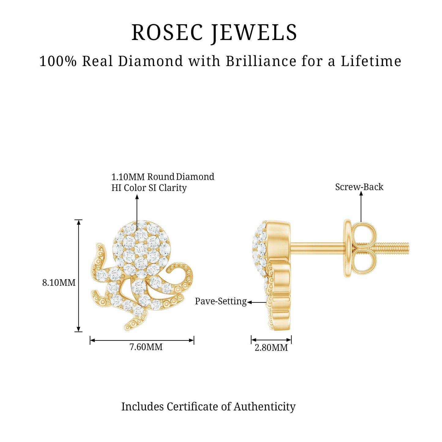 Real Diamond Octopus Stud Earrings for Women