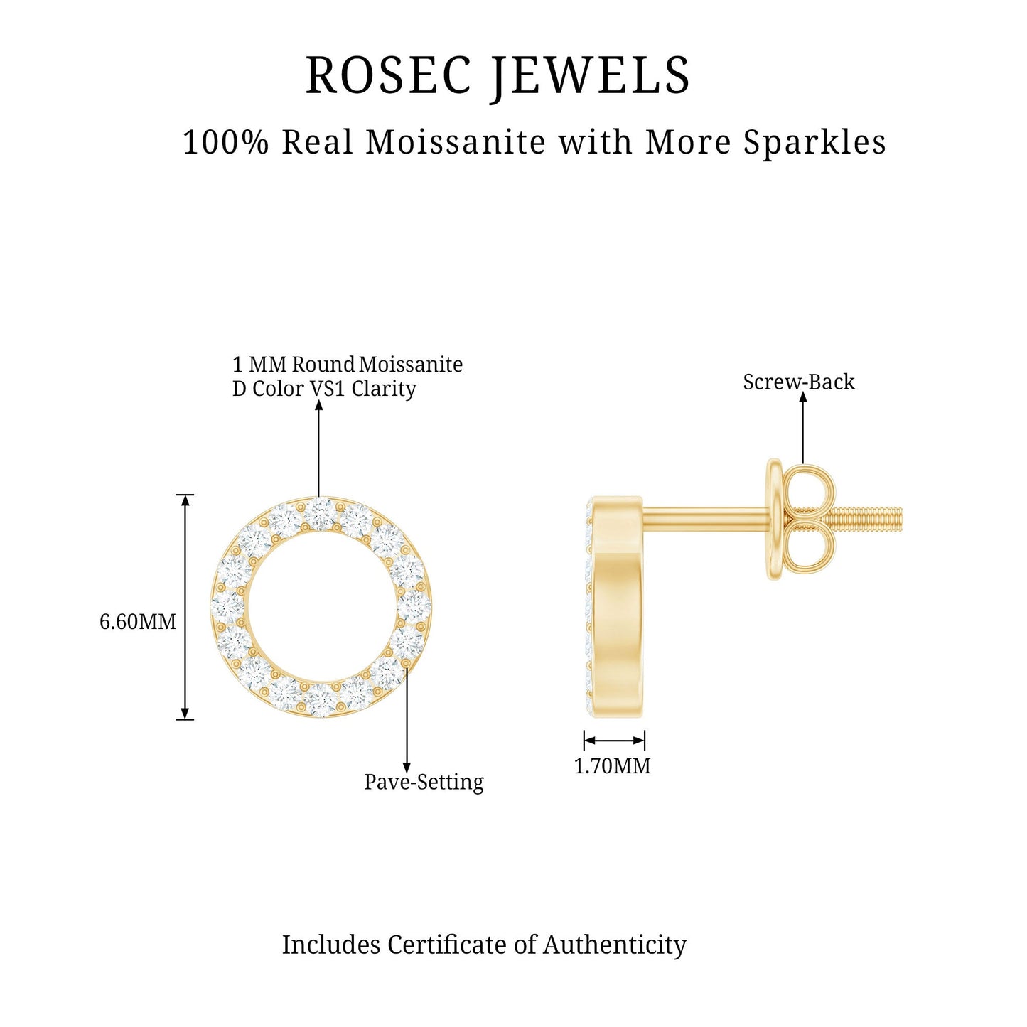 Round Cut Moissanite Eternity Stud Earrings with Screw Back