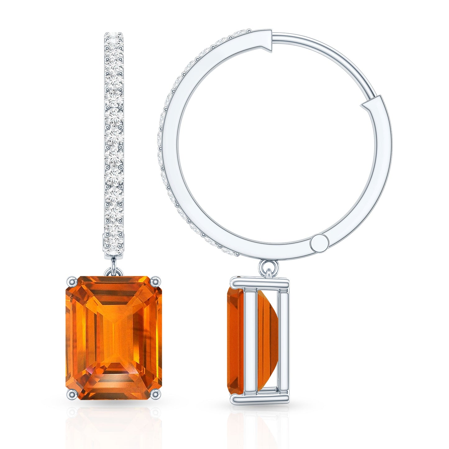 Emerald Cut Lab Grown Orange Sapphire Drop Hoop Earrings with Diamond