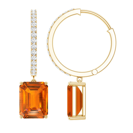 Emerald Cut Lab Grown Orange Sapphire Drop Hoop Earrings with Diamond