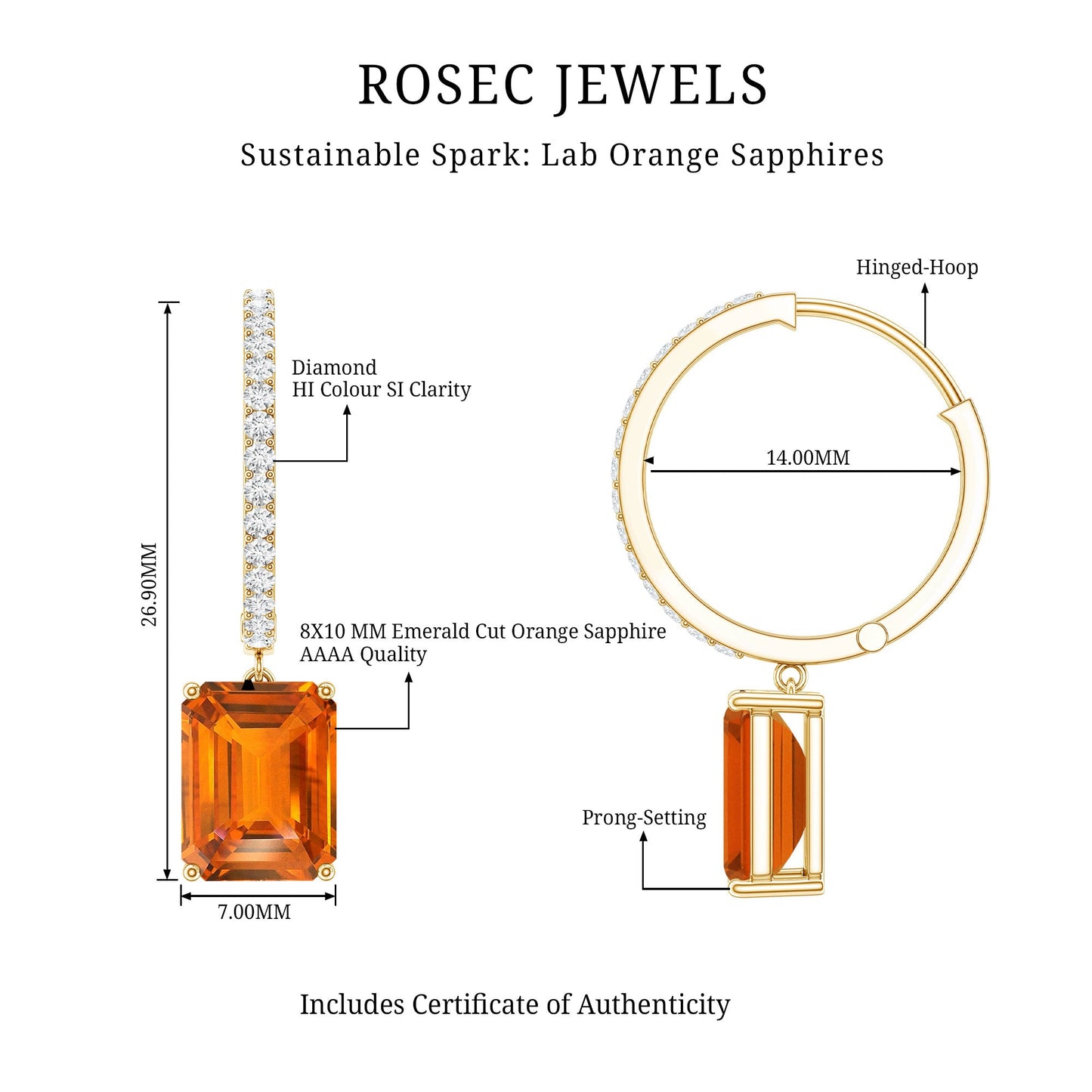 Emerald Cut Lab Grown Orange Sapphire Drop Hoop Earrings with Diamond