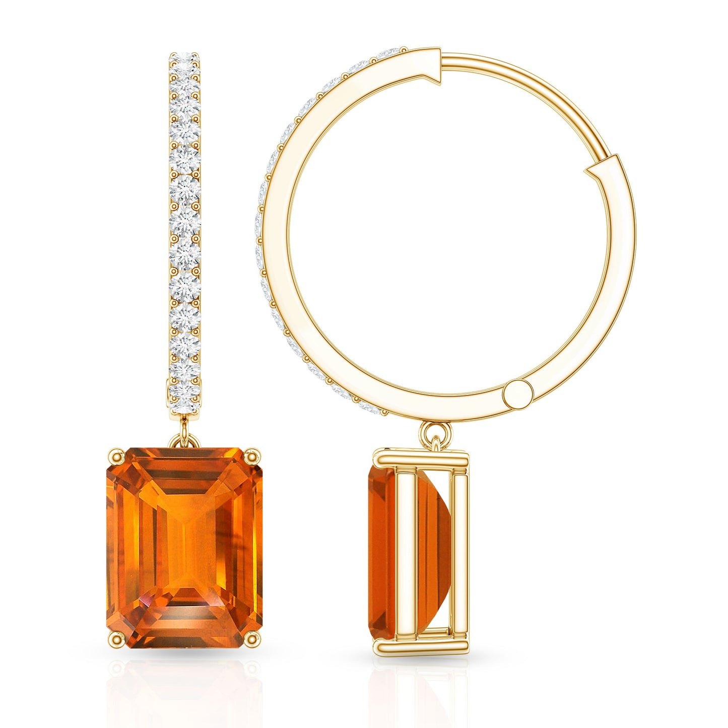 Emerald Cut Lab Grown Orange Sapphire Drop Hoop Earrings with Diamond