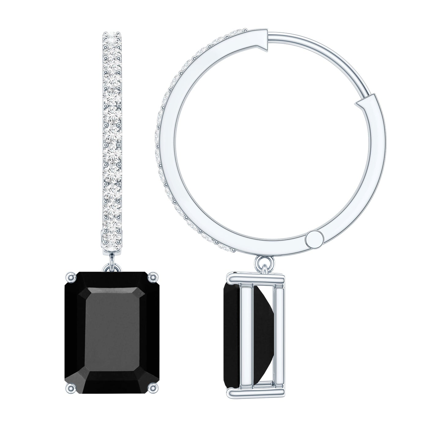 Natural 3.6 Carat Emerald Cut Black Onyx Hoop Drop Earrings with Diamond