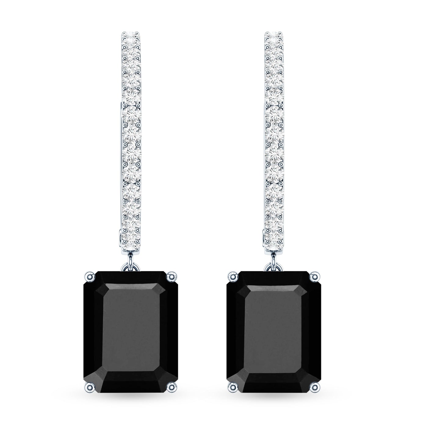 Natural 3.6 Carat Emerald Cut Black Onyx Hoop Drop Earrings with Diamond