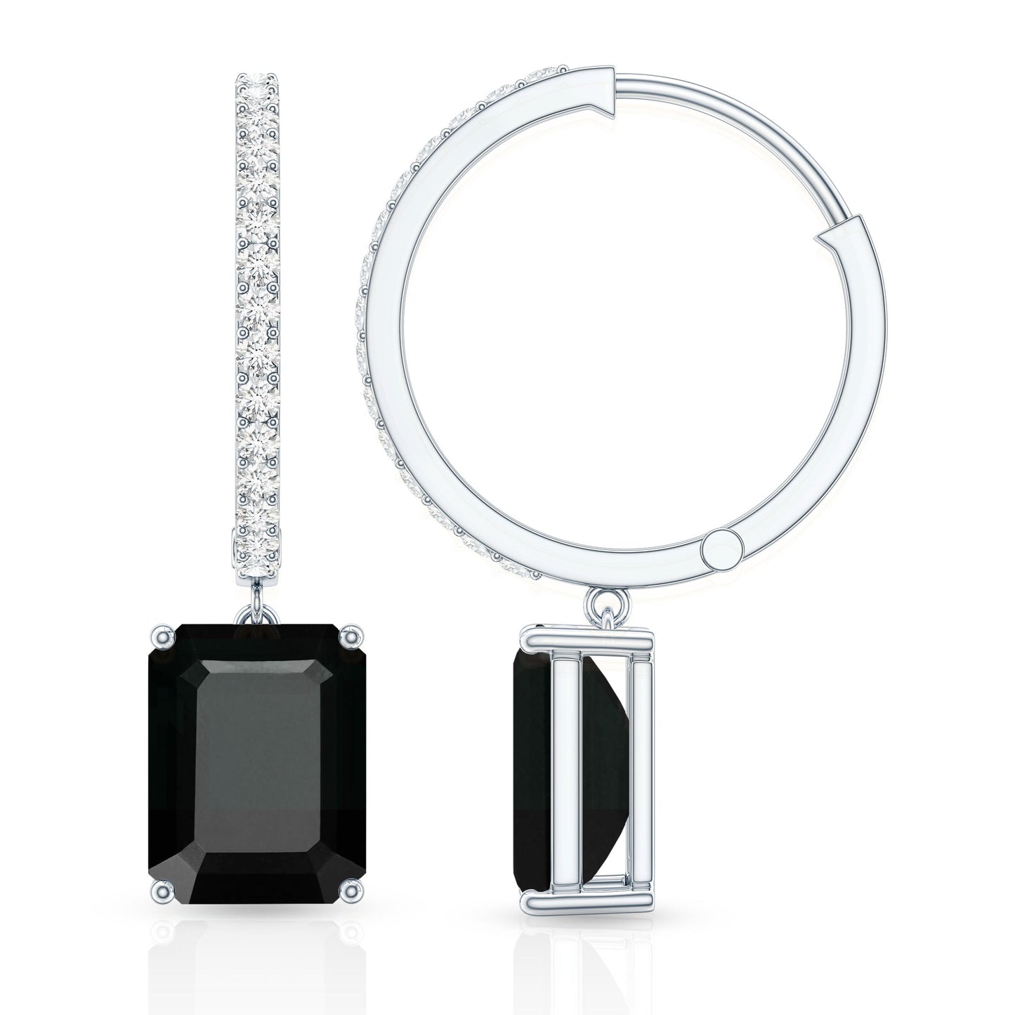 Natural 3.6 Carat Emerald Cut Black Onyx Hoop Drop Earrings with Diamond