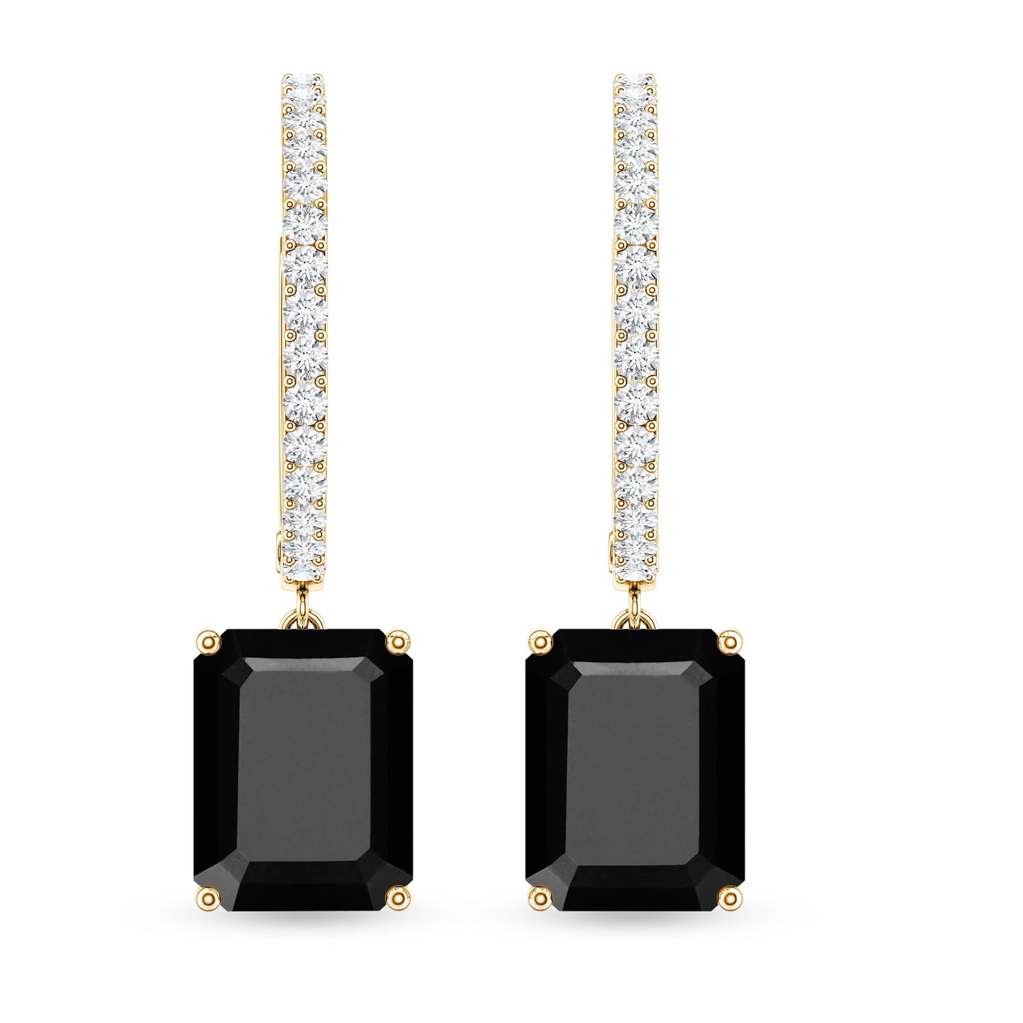 Natural 3.6 Carat Emerald Cut Black Onyx Hoop Drop Earrings with Diamond