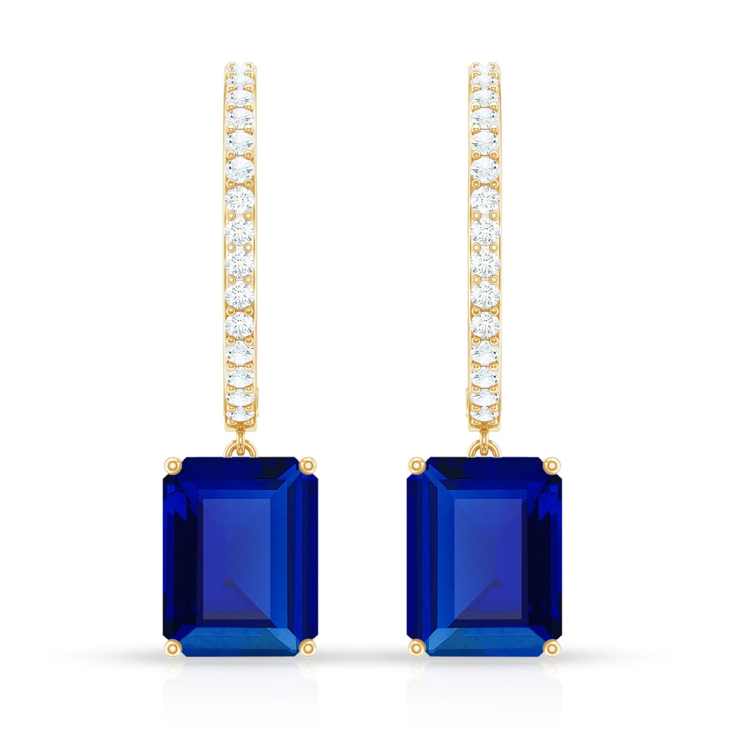 Emerald Cut Lab Created Blue Sapphire and Diamond Hoop Drop Earrings