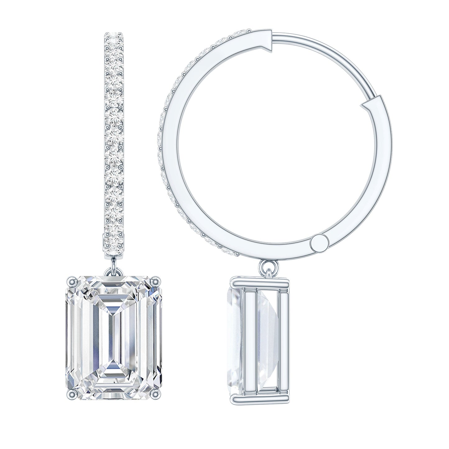 Certified 5.6 Carat Emerald Cut Moissanite Drop Hoop Earrings