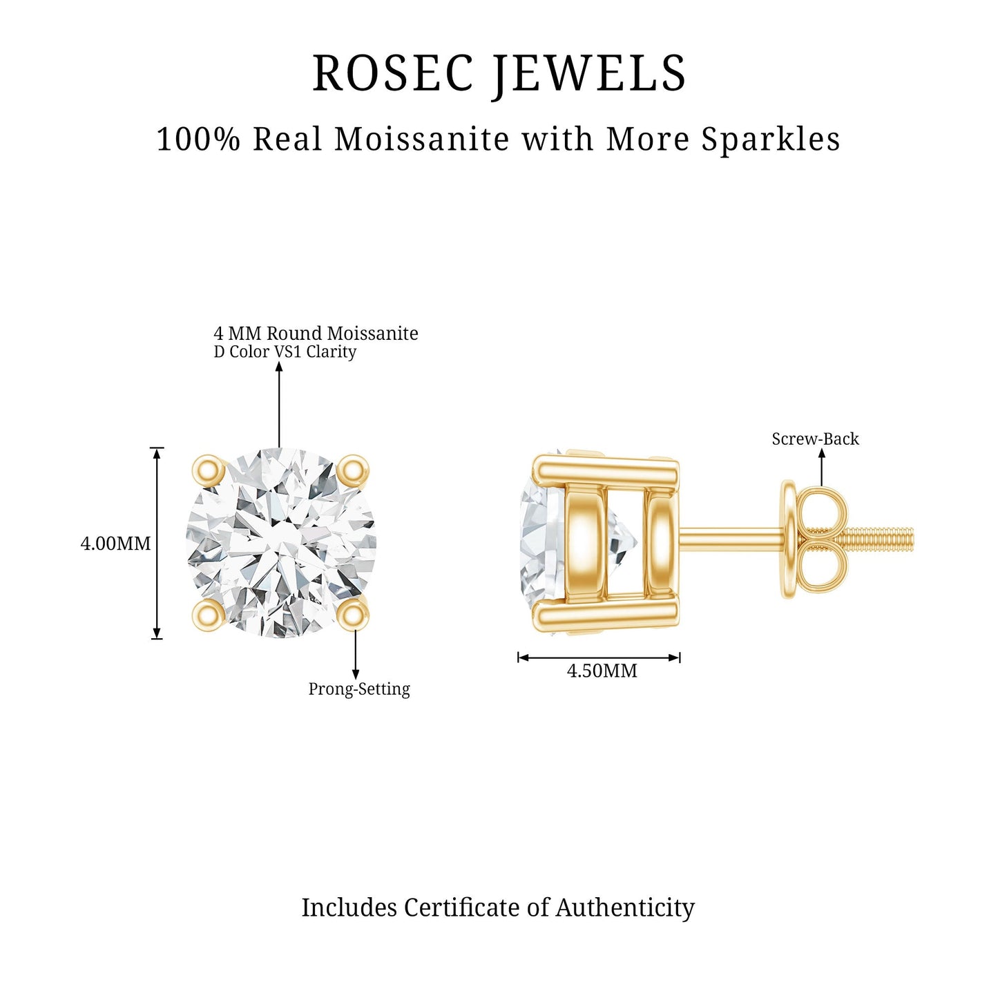 Round Moissanite Solitaire Stud Earrings in Prong Setting