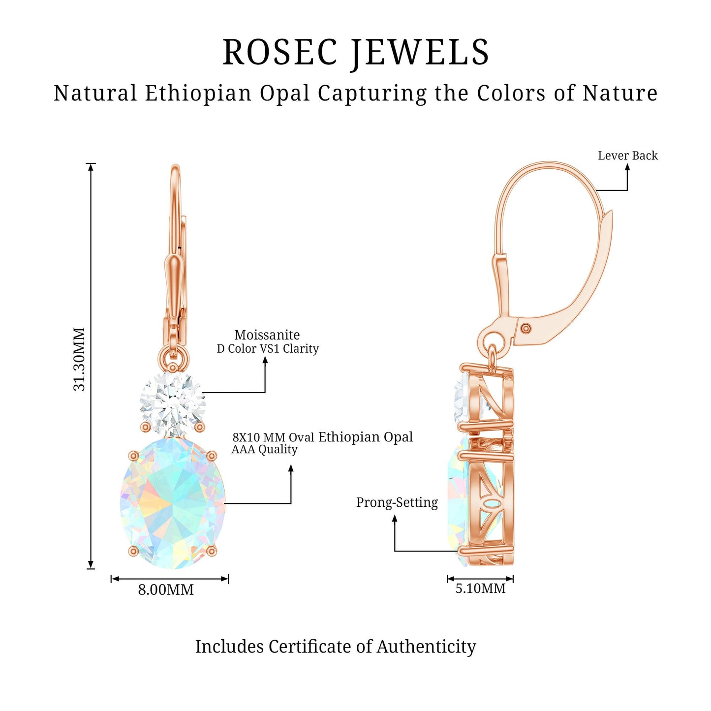 Certified Real 2.6 Carat Oval Ethiopian Opal Drop Earrings with Moissanite