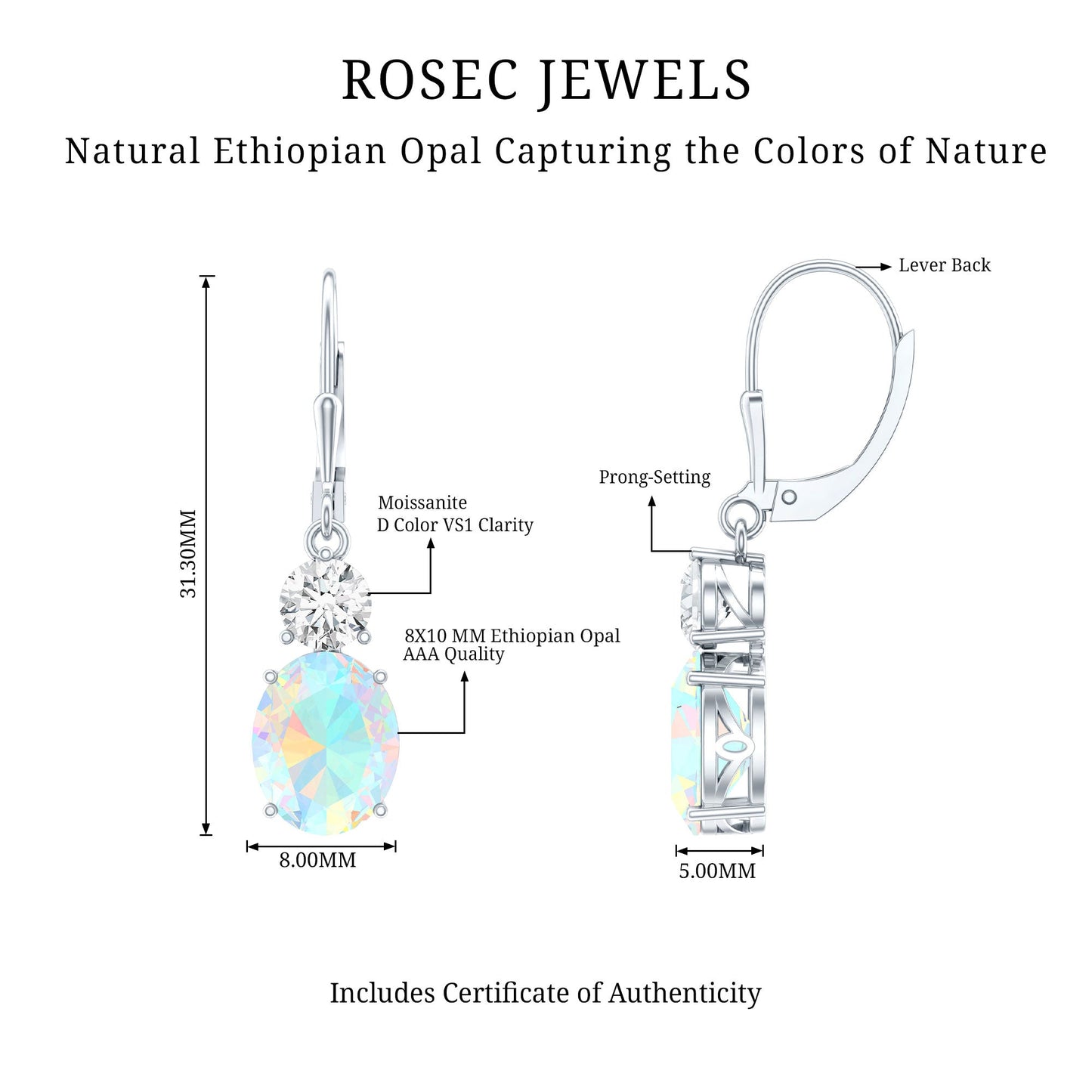 Certified Real 2.6 Carat Oval Ethiopian Opal Drop Earrings with Moissanite