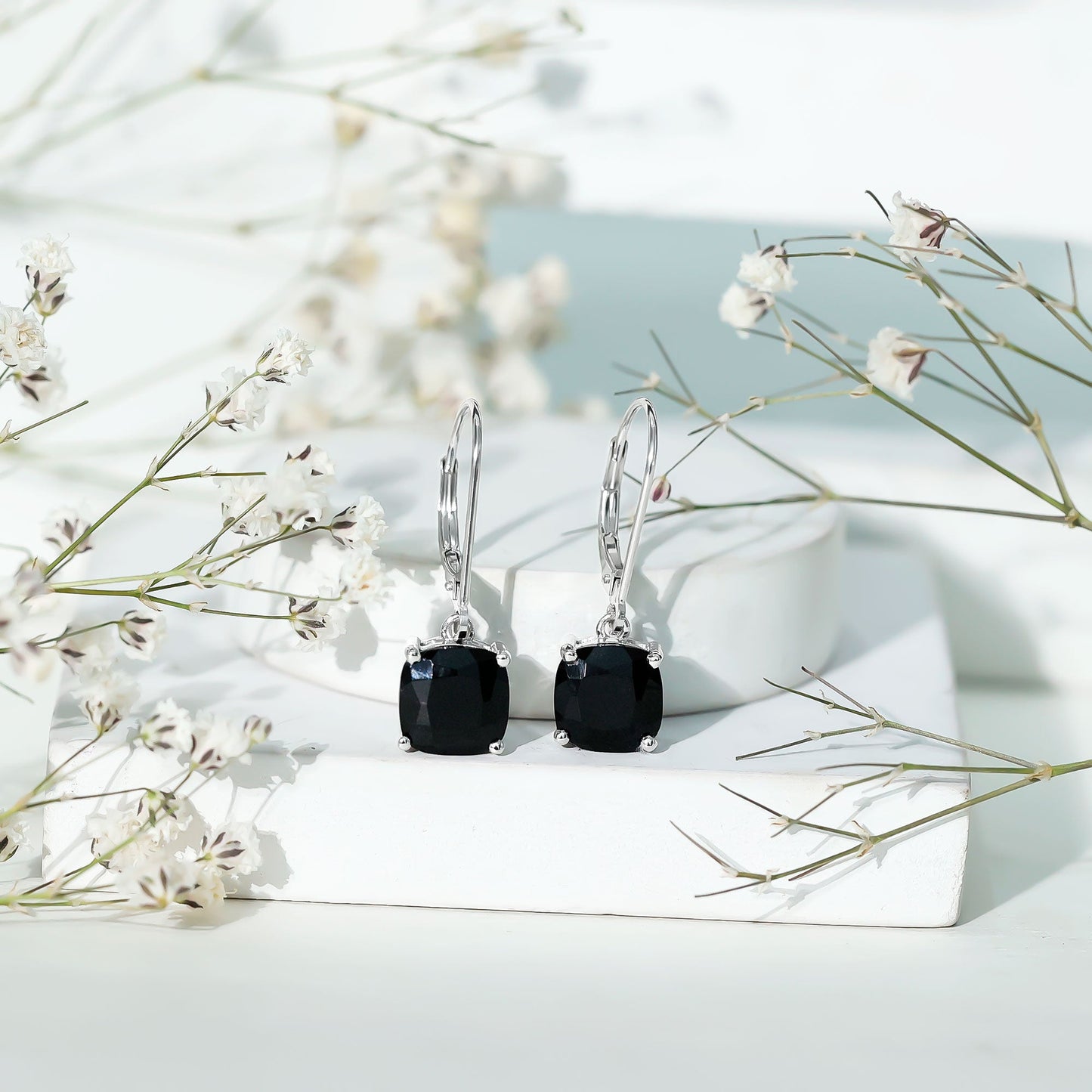 Genuine 4.2 Carat Cushion Cut Black Spinel Drop Earrings Lever Back