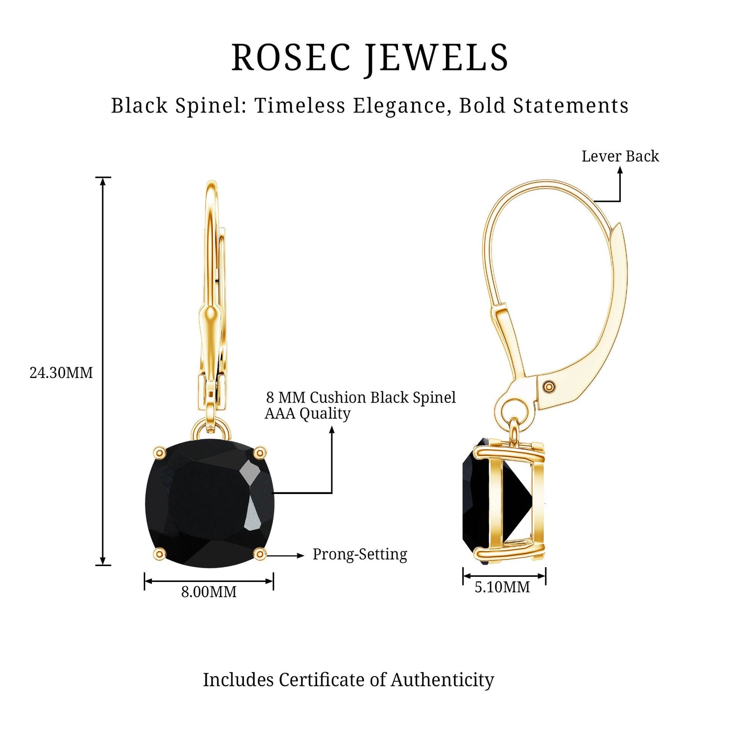 Genuine 4.2 Carat Cushion Cut Black Spinel Drop Earrings Lever Back