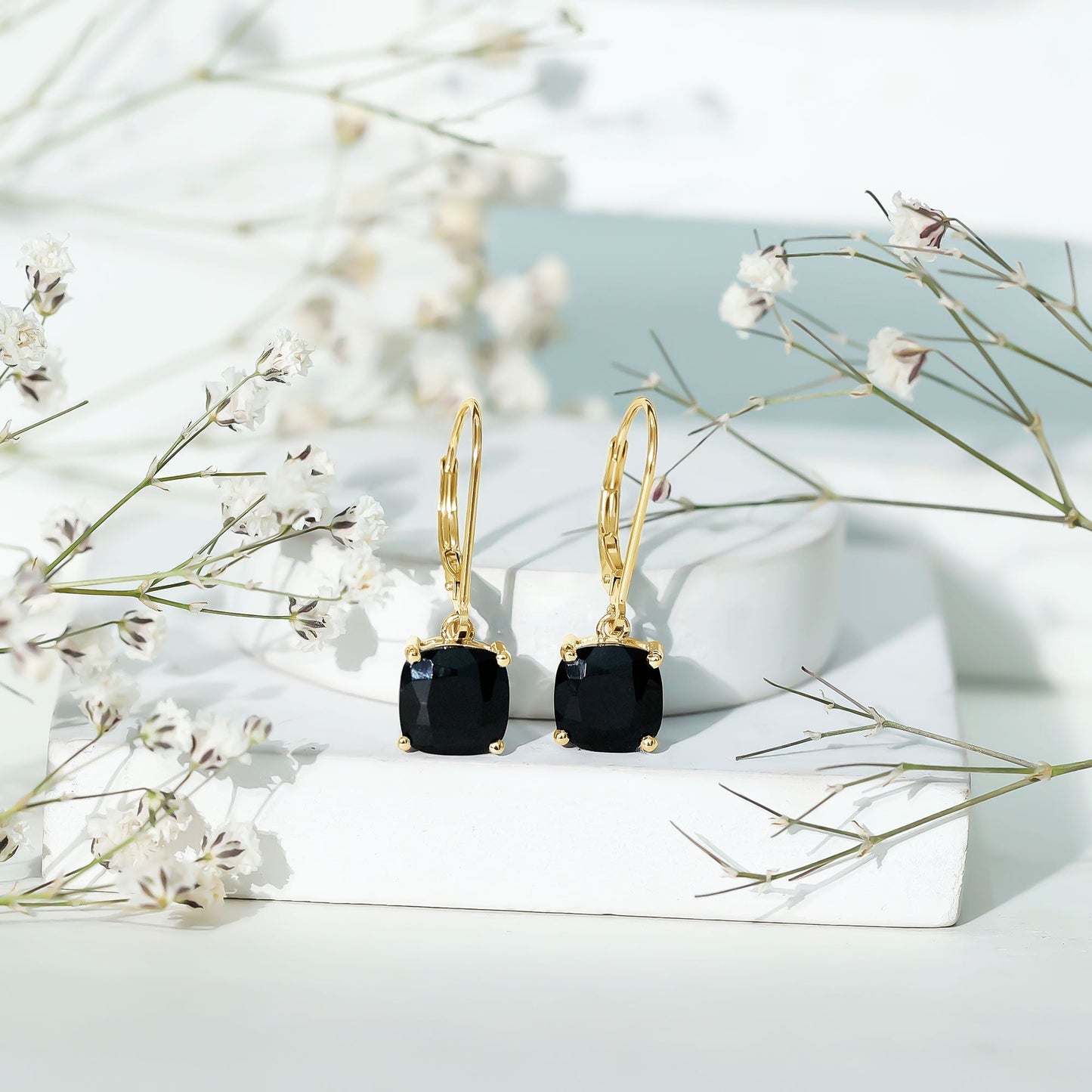 Genuine 4.2 Carat Cushion Cut Black Spinel Drop Earrings Lever Back
