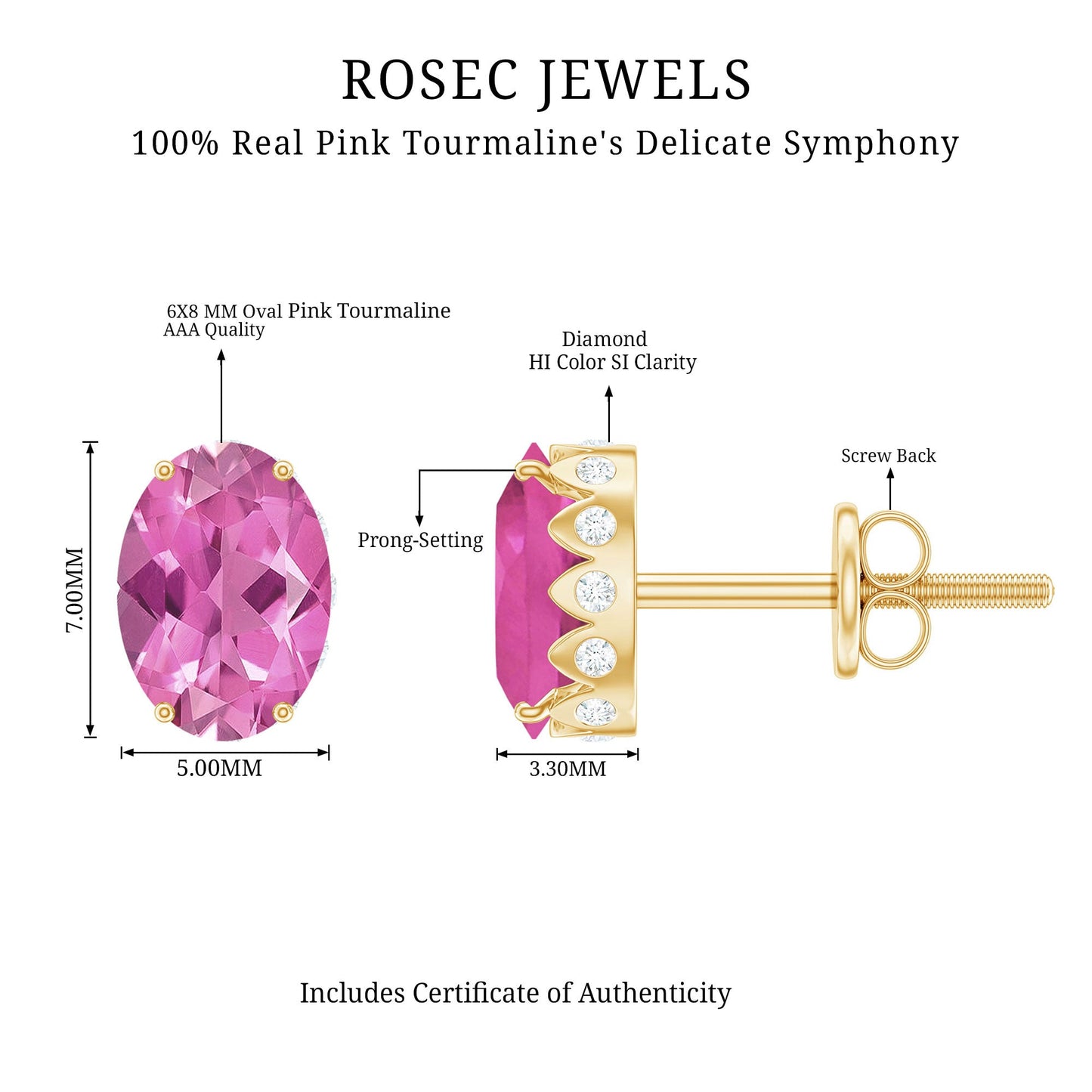 Real 2.2 Carat Oval Pink Tourmaline Stud Earrings with Diamond