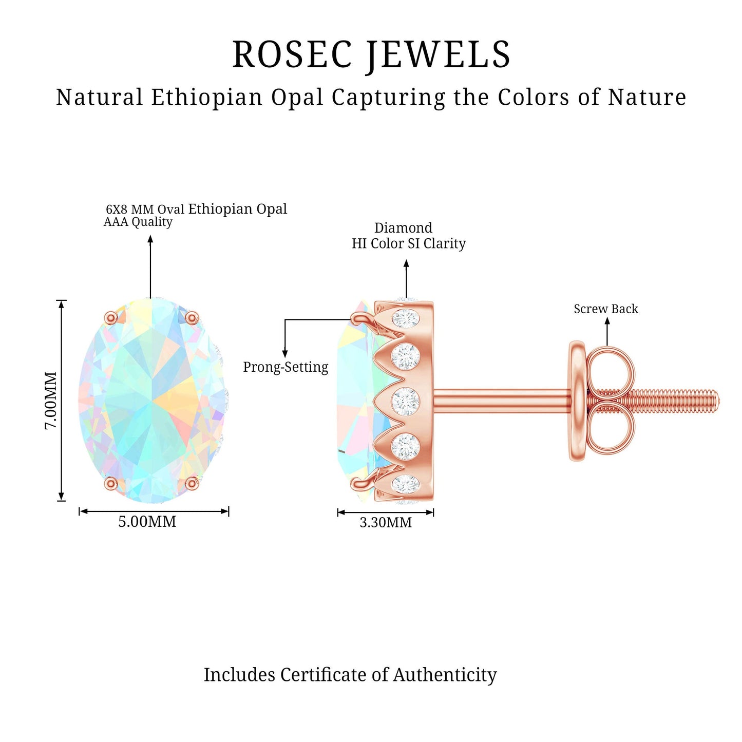 Natural 2.4 Carat Oval Ethiopian Opal Classic Stud Earrings with Diamond