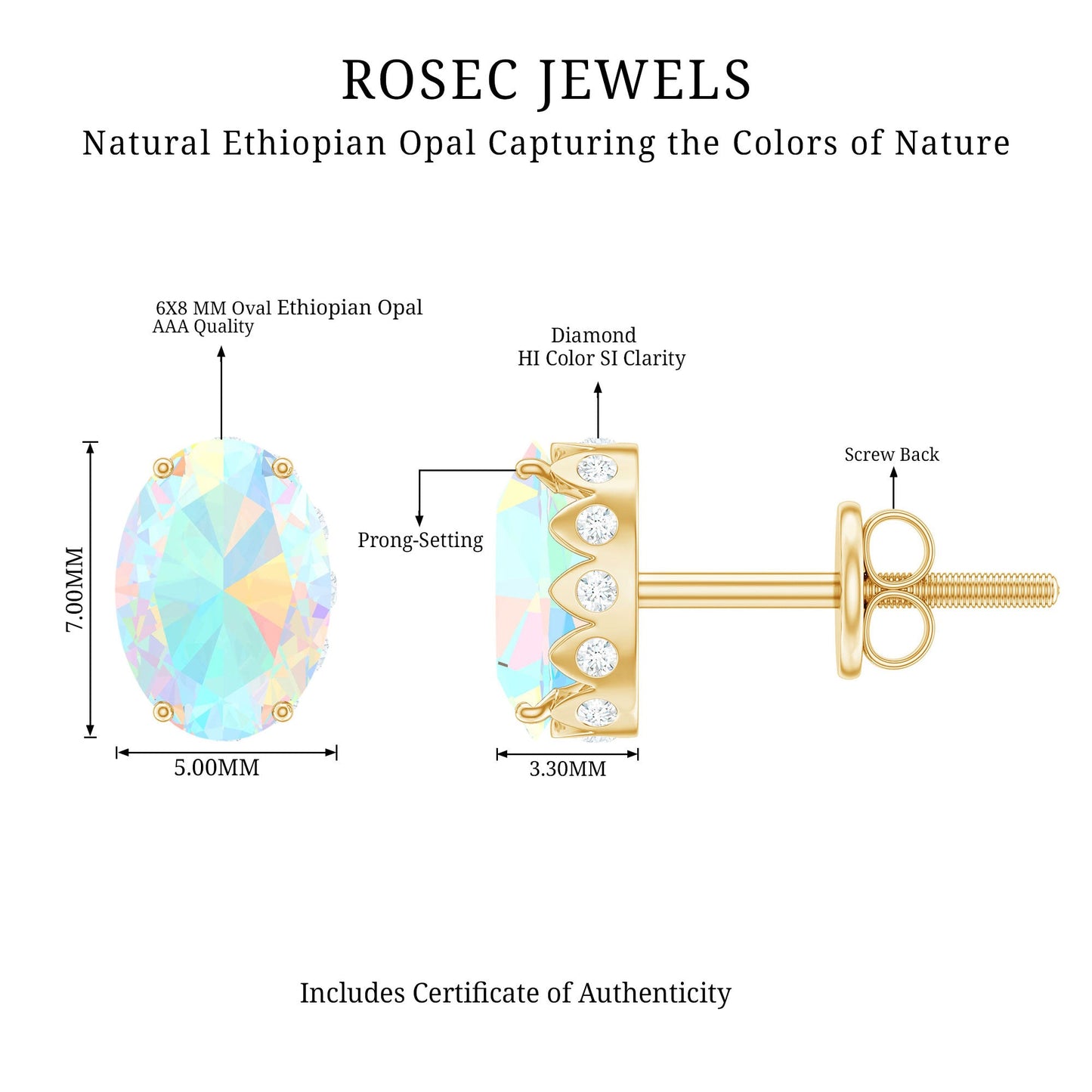 Natural 2.4 Carat Oval Ethiopian Opal Classic Stud Earrings with Diamond