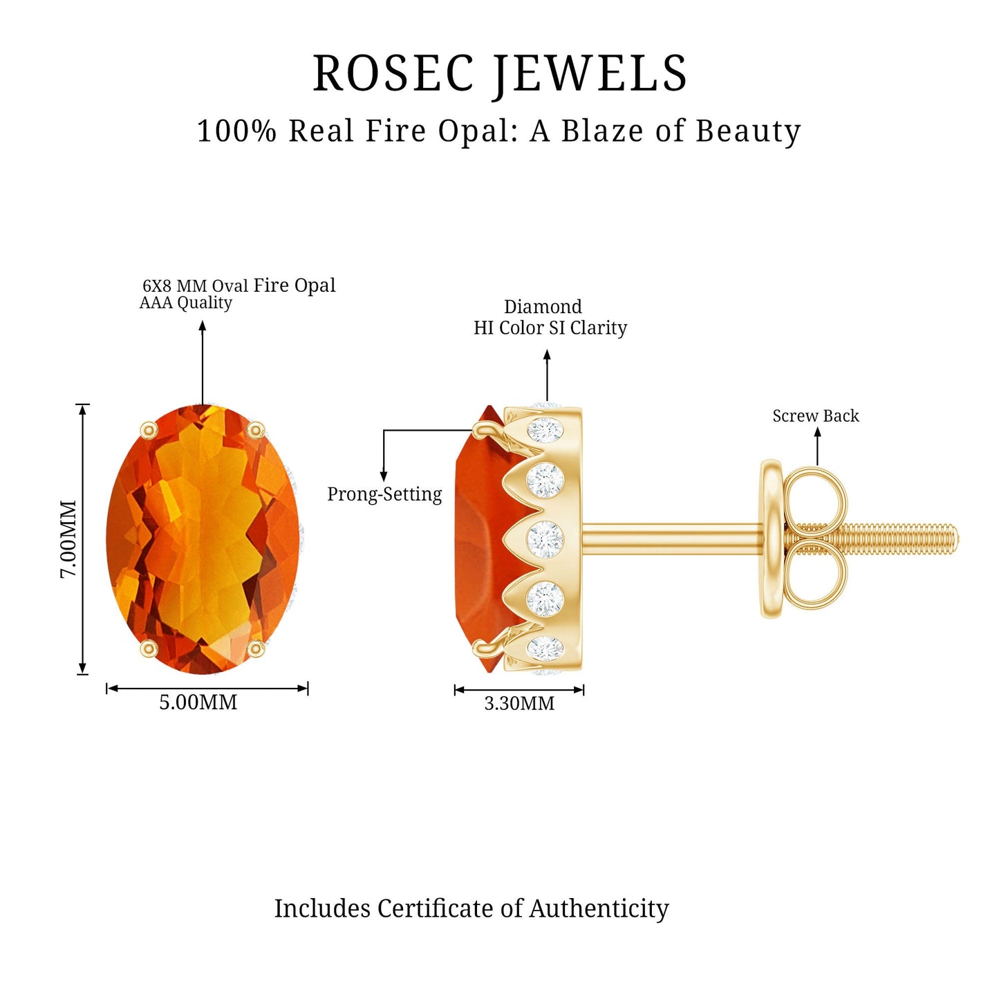 Natural Fire Opal Diamond Stud Earrings with Screw Back