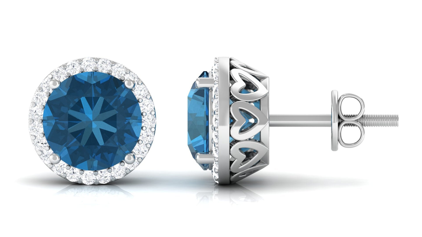 London Blue Topaz Stud Earrings with Diamond Halo