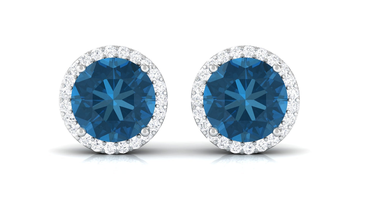 London Blue Topaz Stud Earrings with Diamond Halo