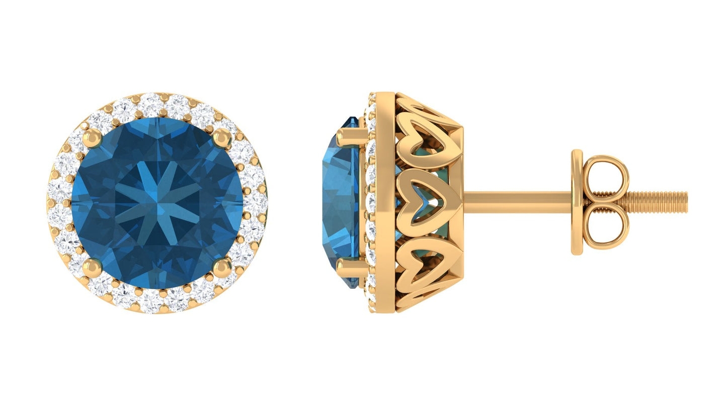 London Blue Topaz Stud Earrings with Diamond Halo