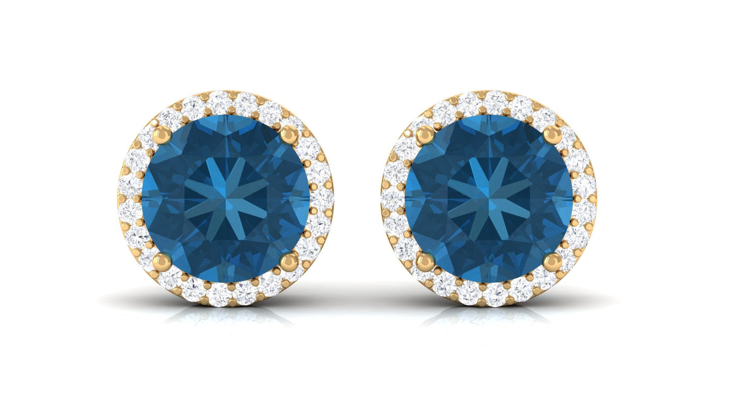 London Blue Topaz Stud Earrings with Diamond Halo